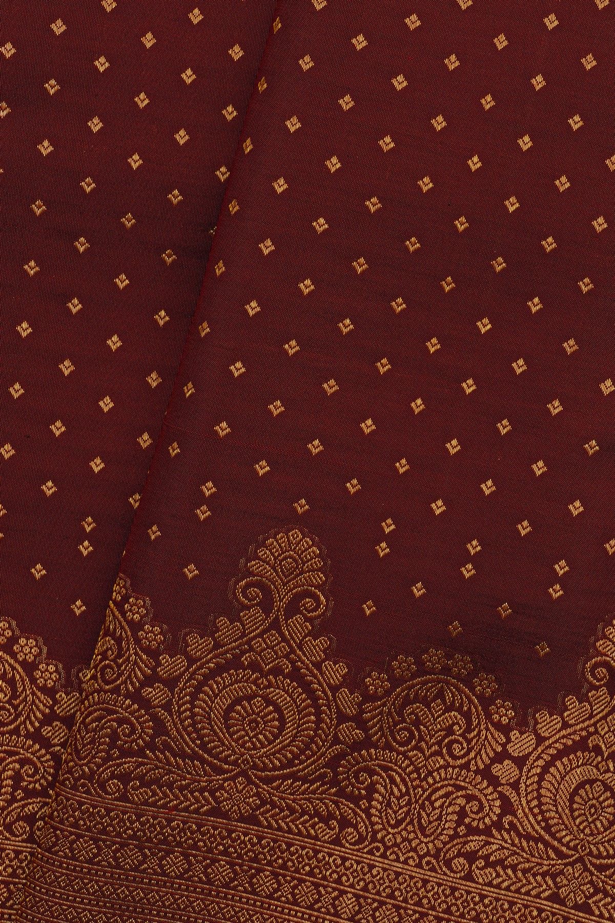 Kancheepuram Silk Dark Maroon Saree With Zari Diamond And Floral Leaf Border