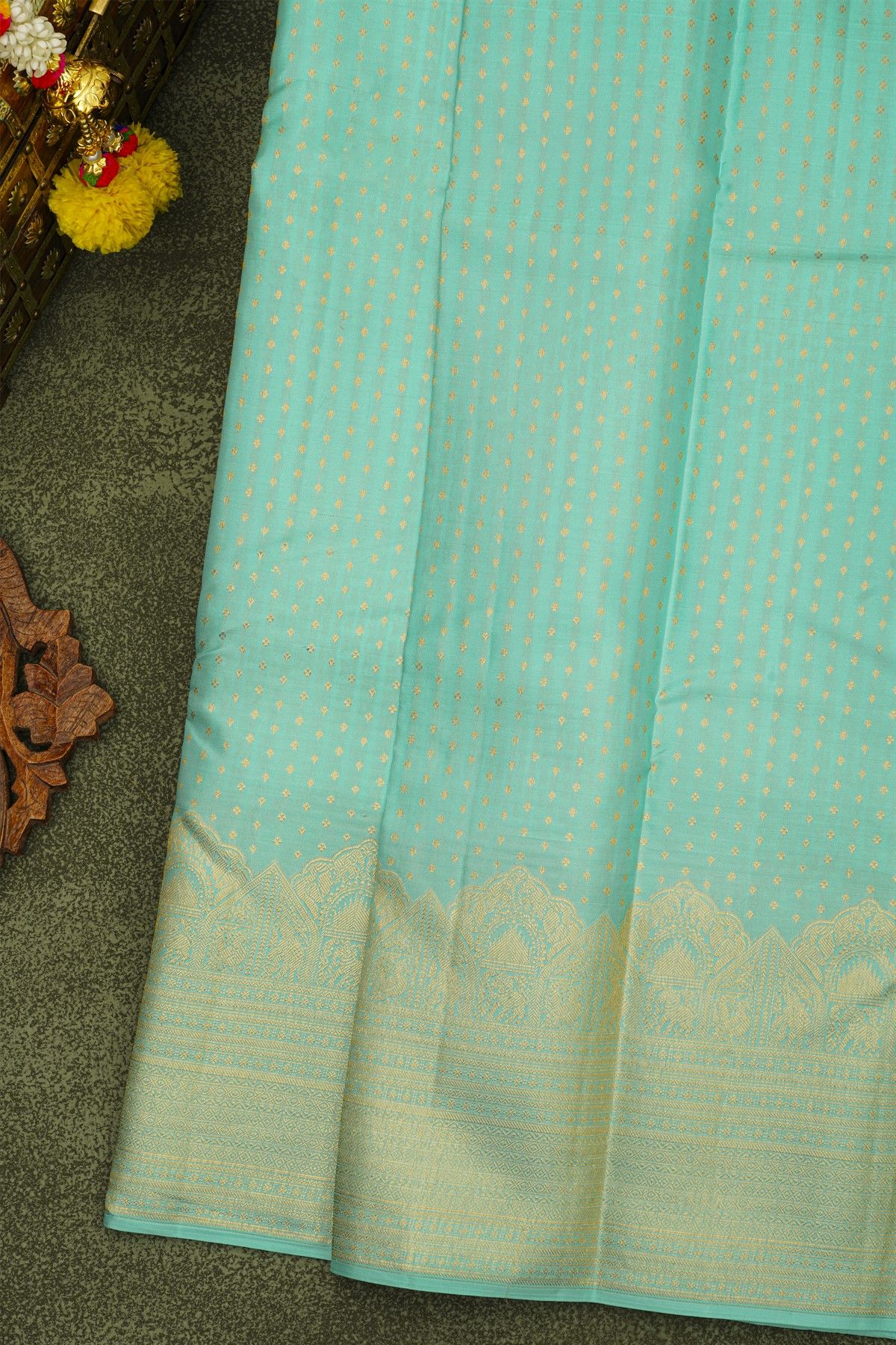 Kancheepuram Silk Sea Green Saree With Lakshdweep Buttis And Self Turning Border