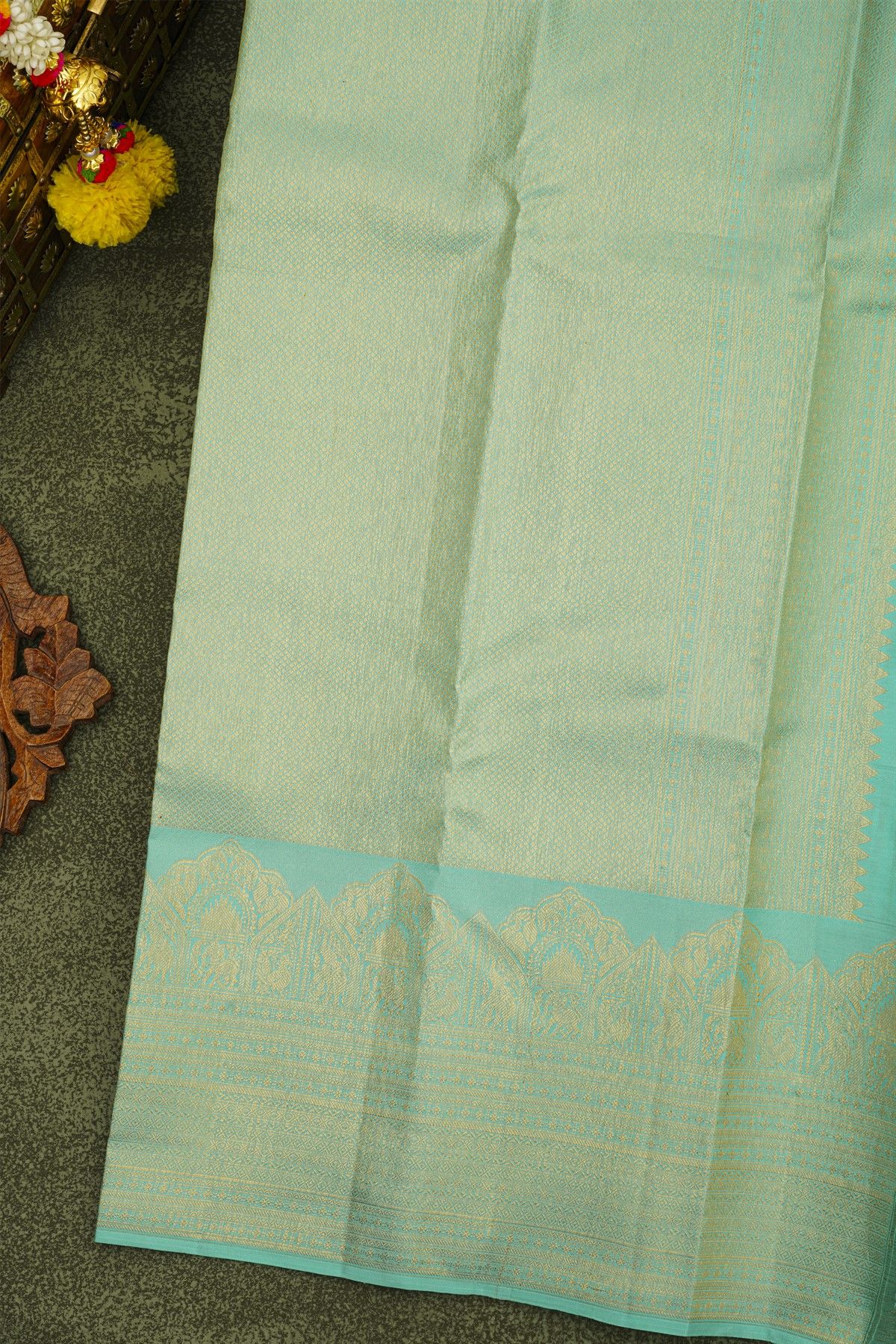 Kancheepuram Silk Sea Green Saree With Lakshdweep Buttis And Self Turning Border