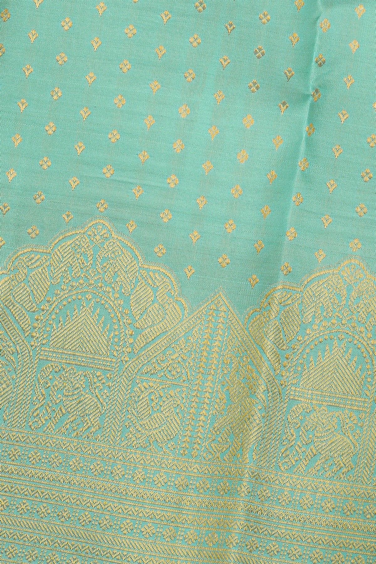 Kancheepuram Silk Sea Green Saree With Lakshdweep Buttis And Self Turning Border