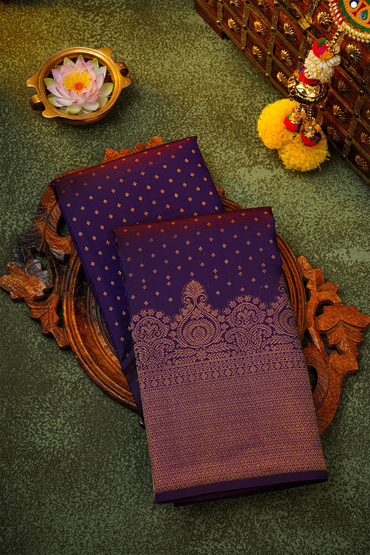 Kancheepuram Silk Dark Violet Saree With Self Turning Border