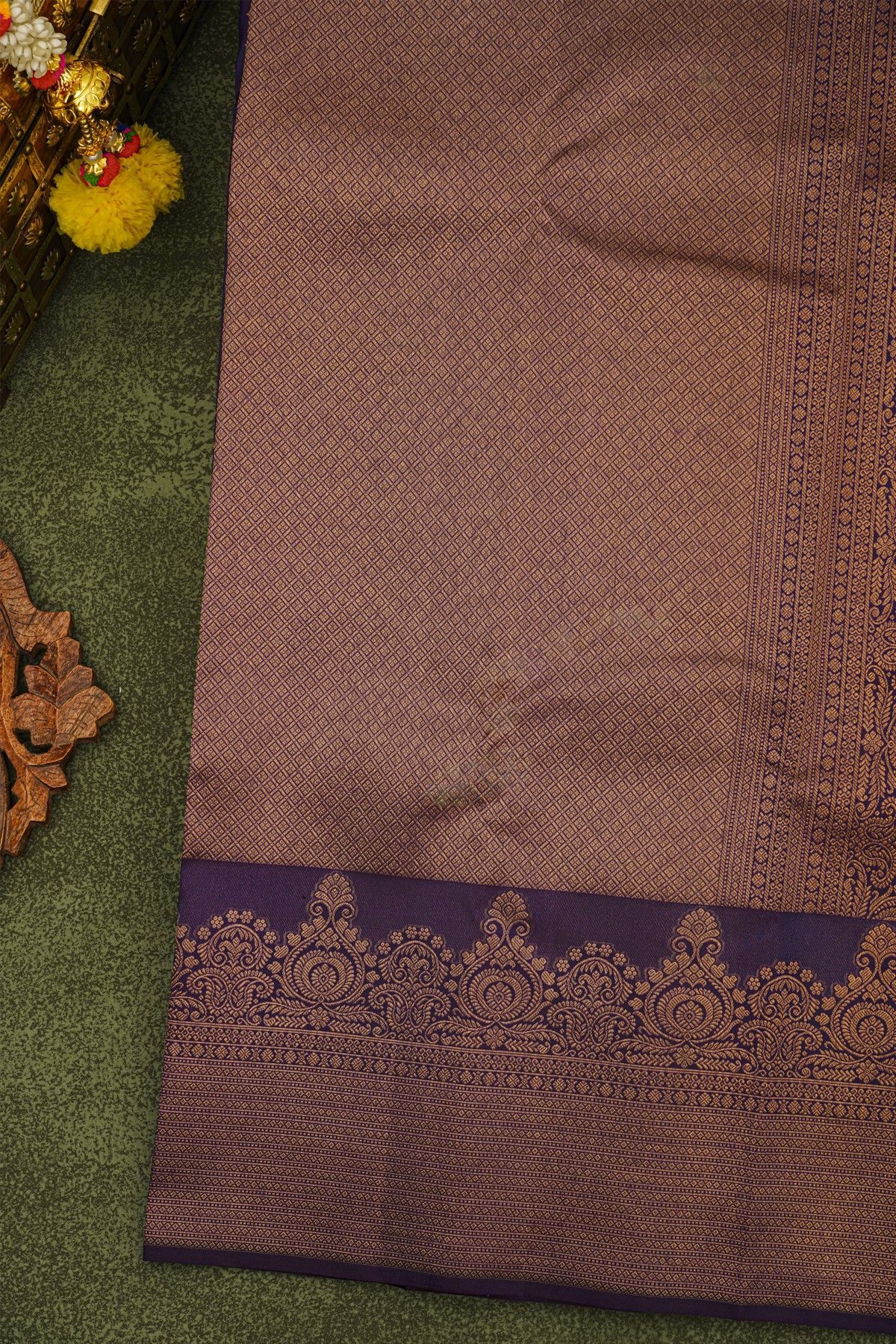 Kancheepuram Silk Dark Violet Saree With Self Turning Border