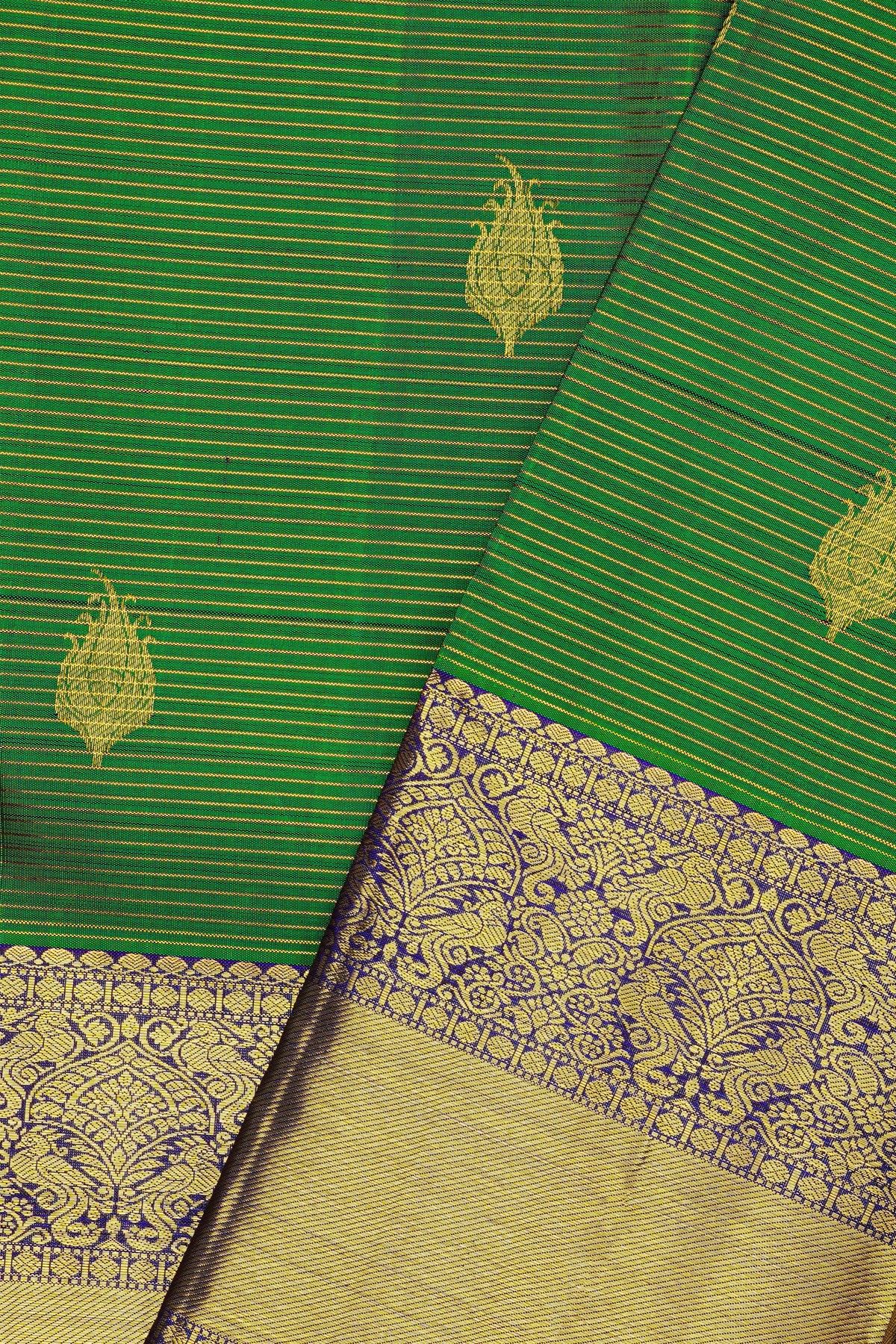 Kancheepuram Silk Leaf Green Saree With Florals And Peacock Border