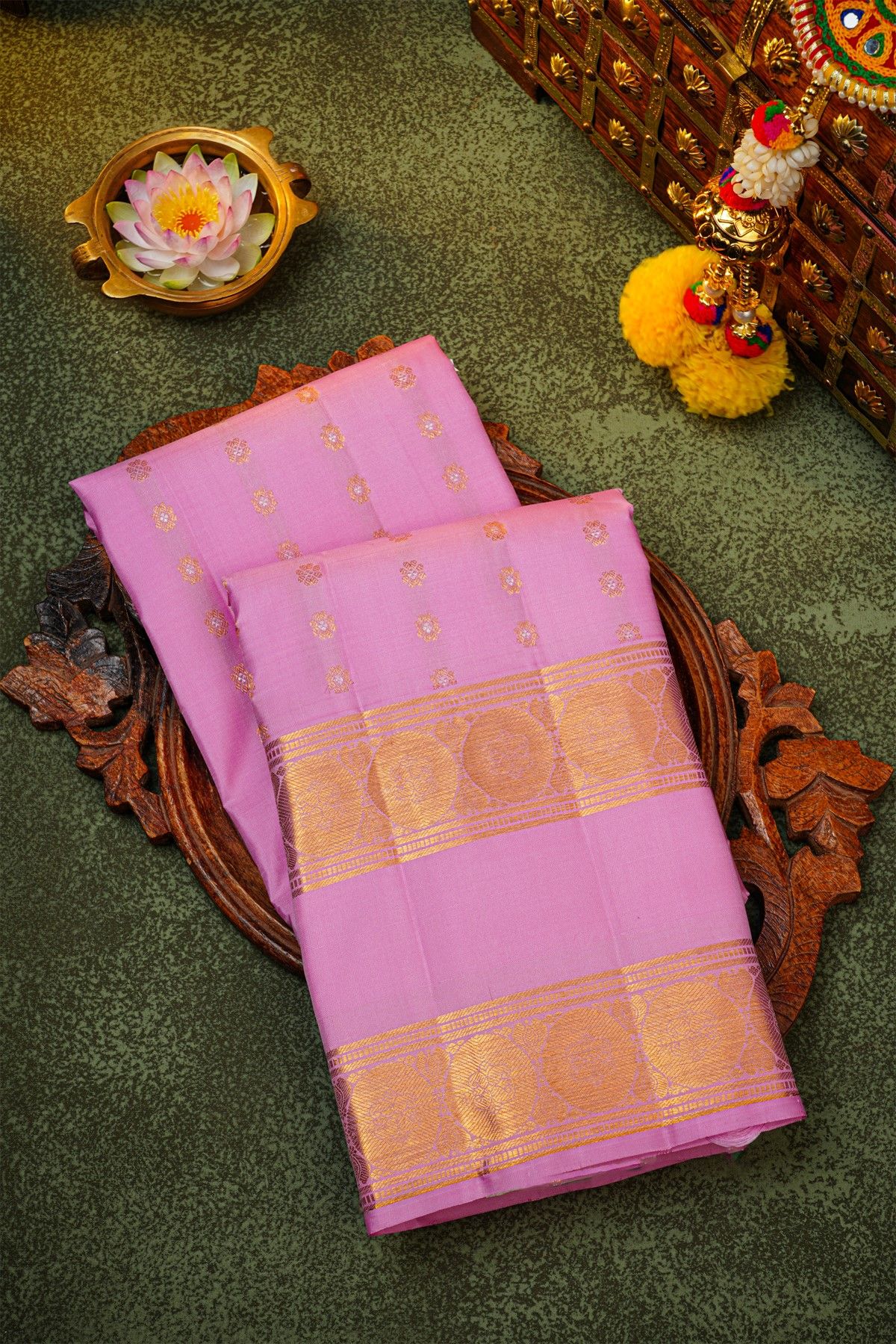 Kancheepuram Silk Baby Pink Saree With Floral Paisley Gap Border