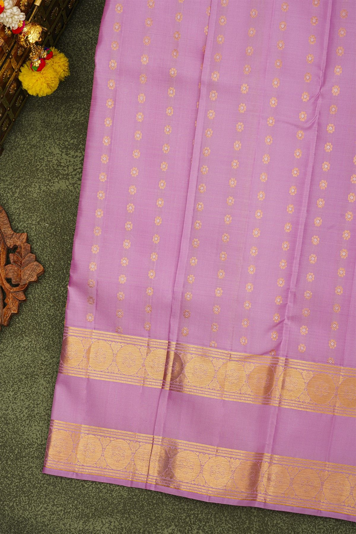 Kancheepuram Silk Baby Pink Saree With Floral Paisley Gap Border