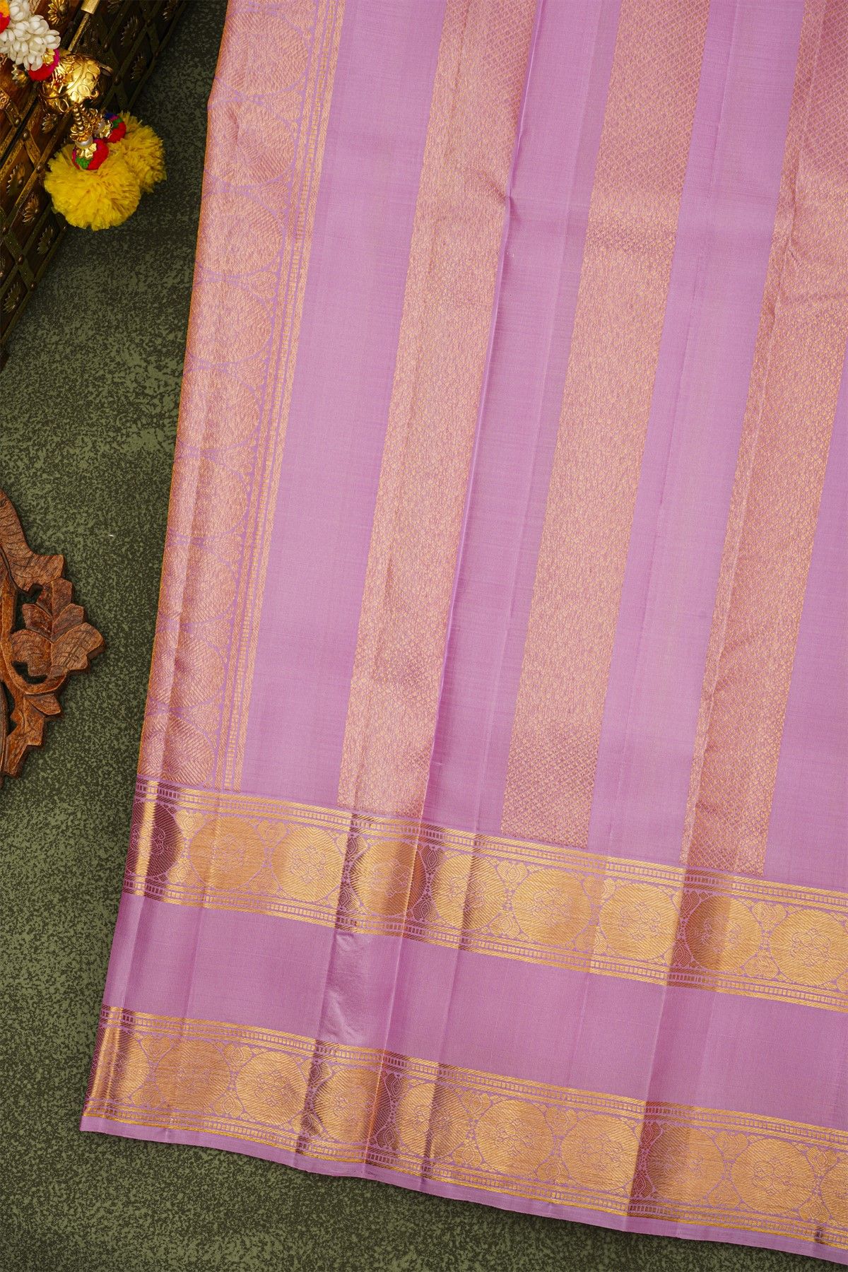 Kancheepuram Silk Baby Pink Saree With Floral Paisley Gap Border