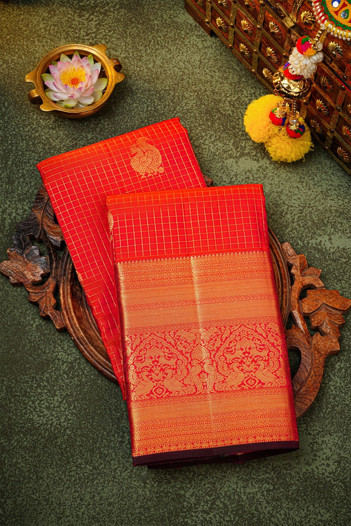 Kancheepuram Silk Red Saree With Zari Checks And Peacock Buttis Body