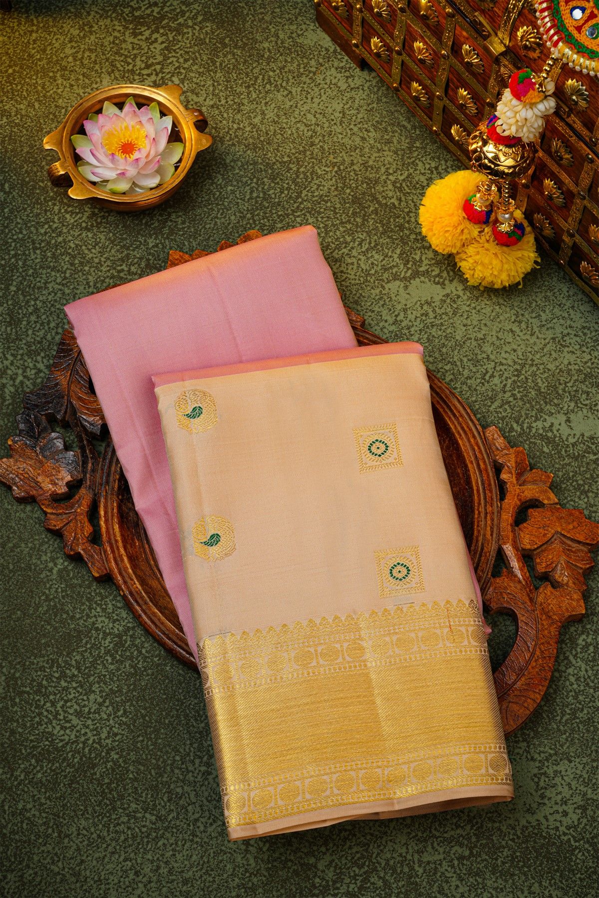Kancheepuram Silk Baby Pink Saree With Floral And Peacock Border