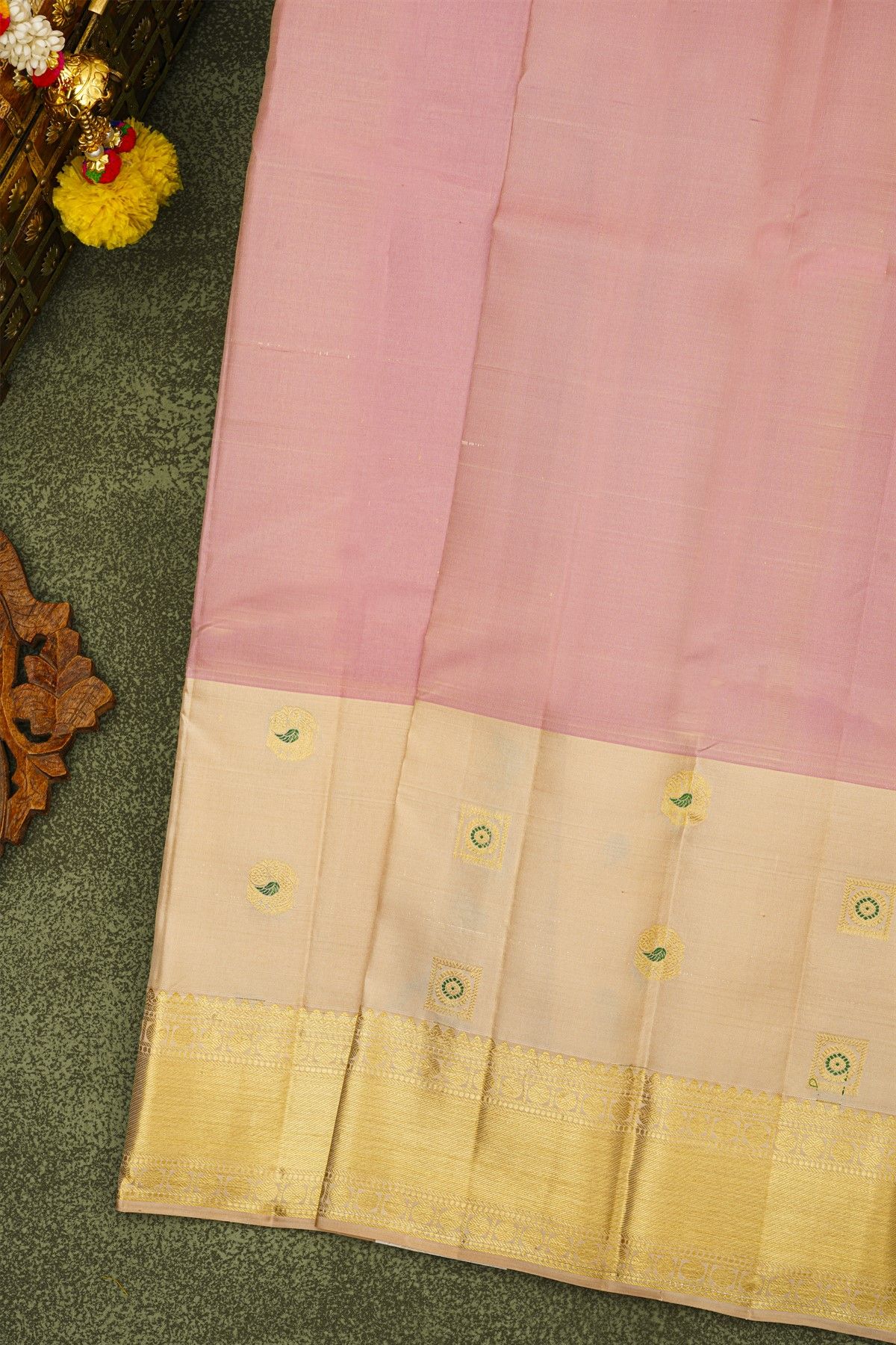 Kancheepuram Silk Baby Pink Saree With Floral And Peacock Border