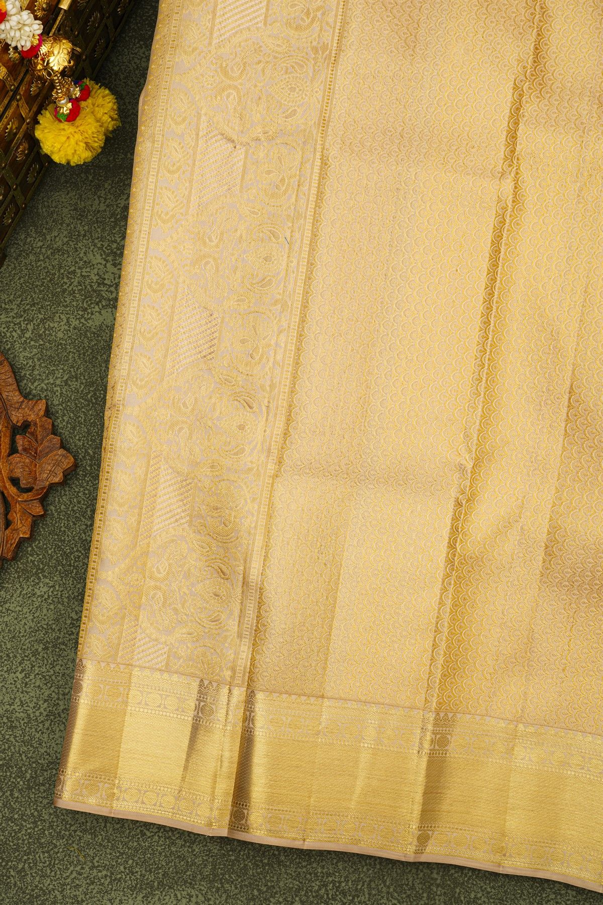 Kancheepuram Silk Baby Pink Saree With Floral And Peacock Border
