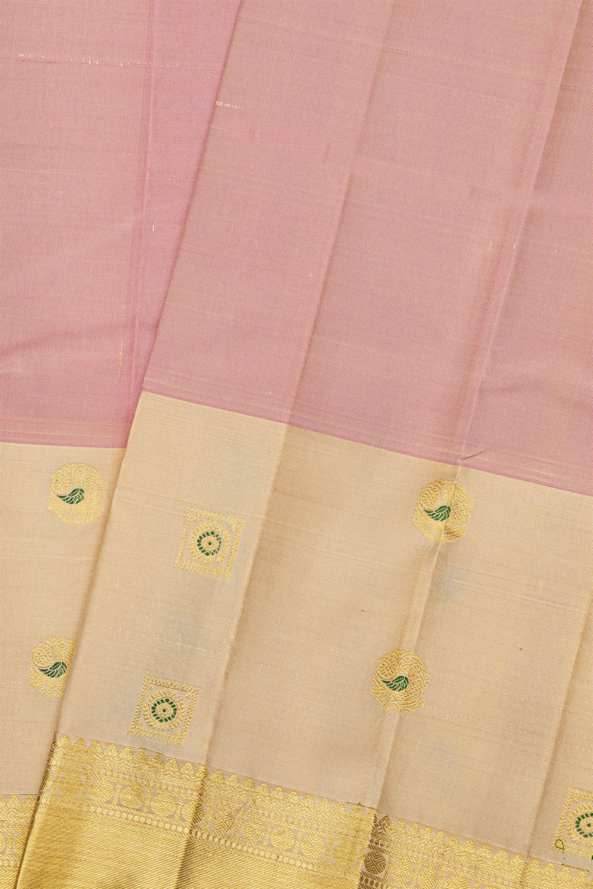 Kancheepuram Silk Baby Pink Saree With Floral And Peacock Border