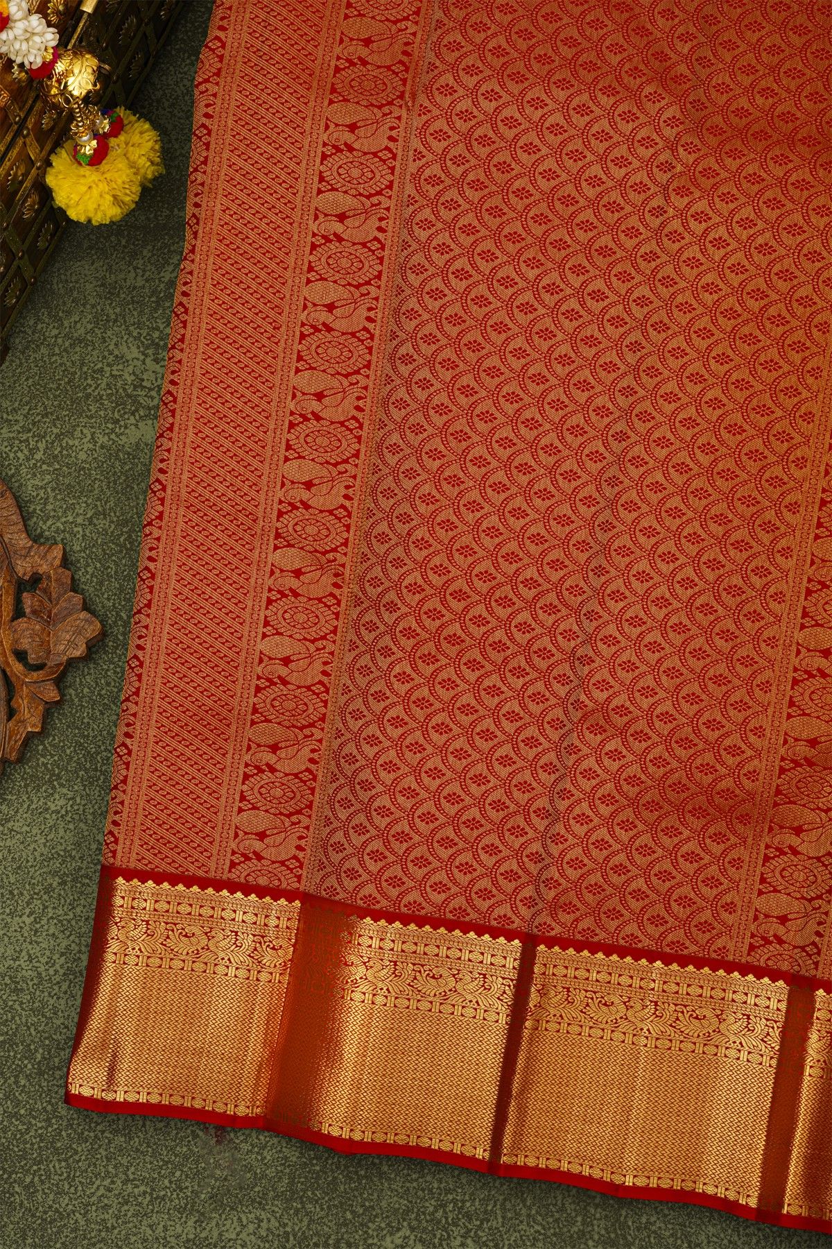 Kancheepuram Silk Mustard Yellow Saree With Zari Checks Diamonds And Peacock Border