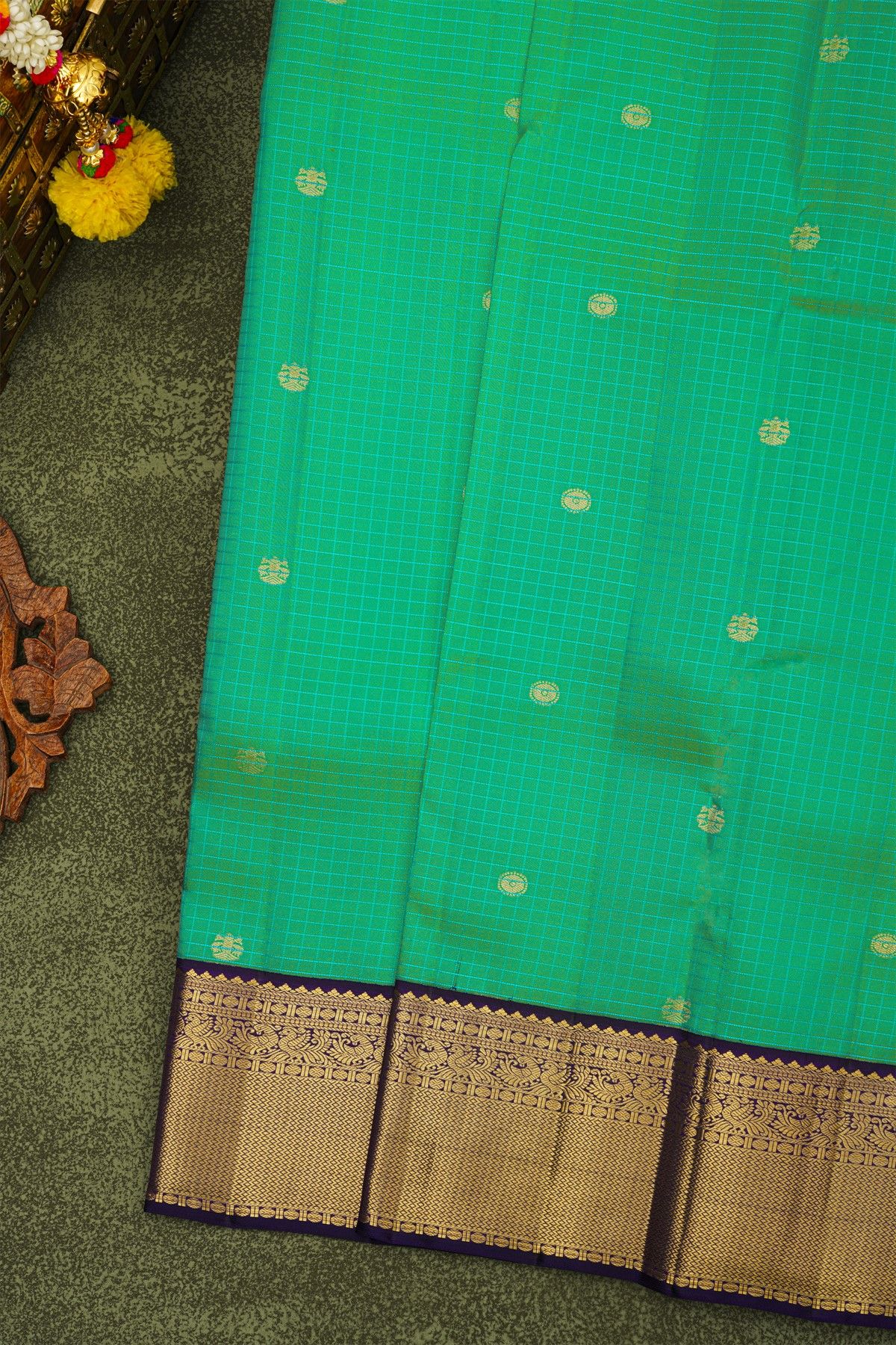 Kancheepuram Silk Parrot Green Saree With Zari Checks And Gandaberunda Buttis Body