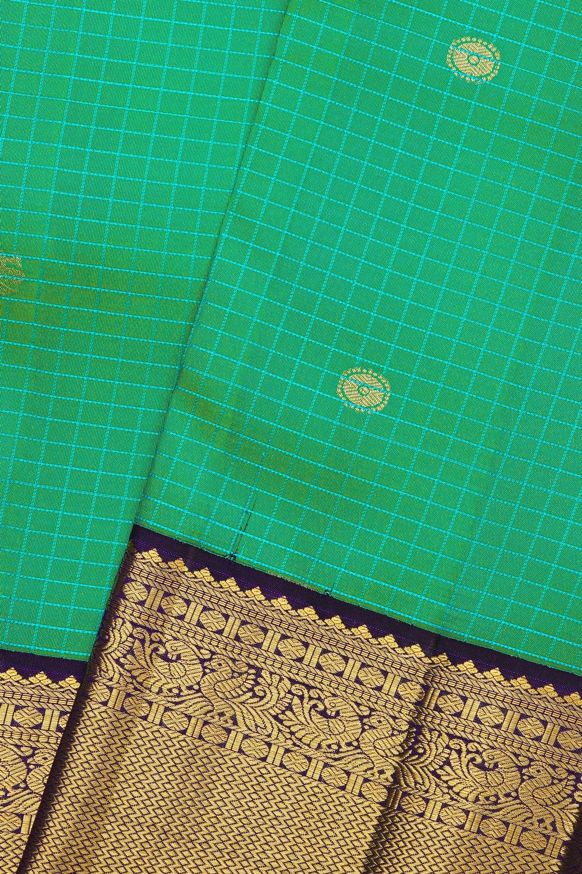 Kancheepuram Silk Parrot Green Saree With Zari Checks And Gandaberunda Buttis Body
