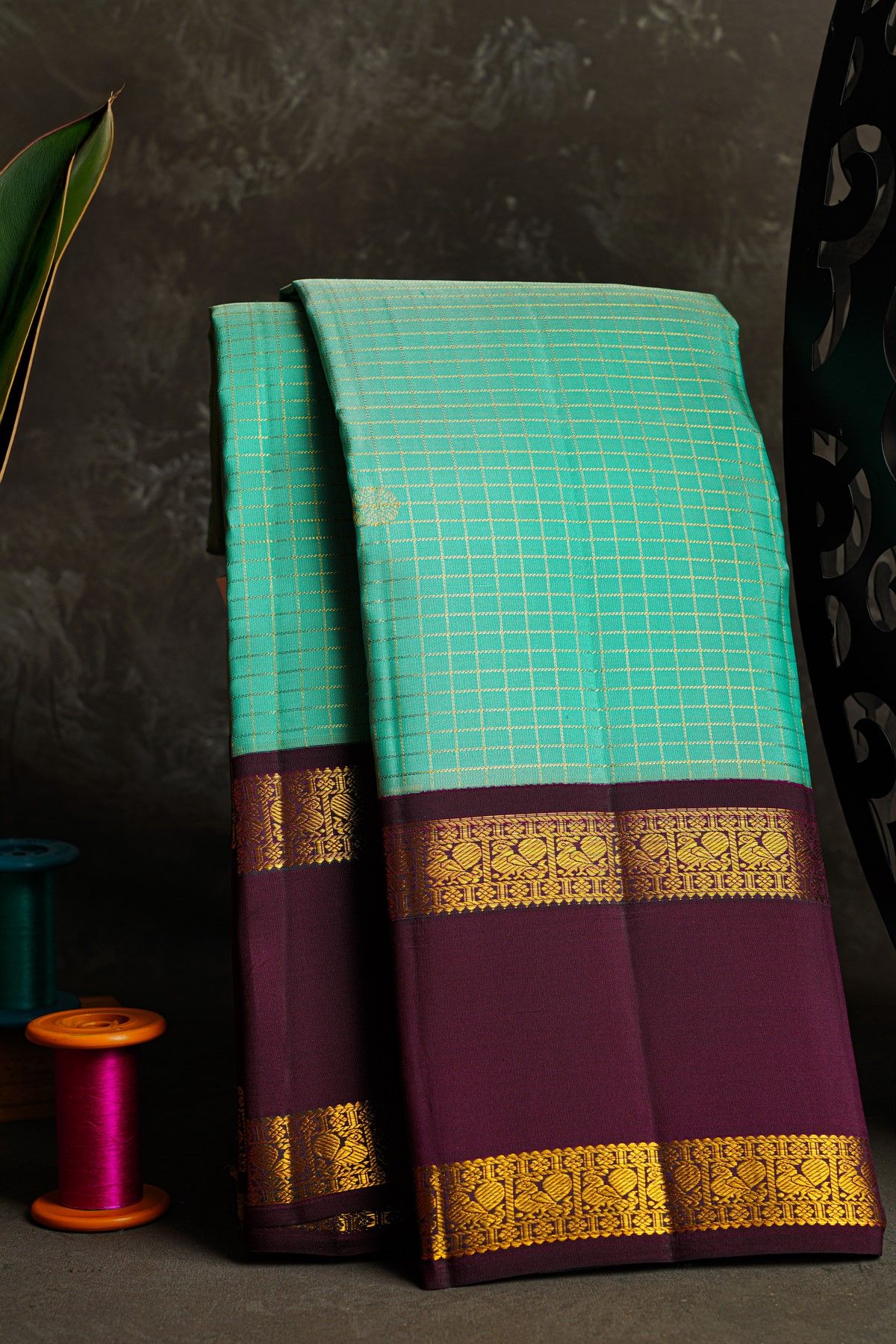 Kancheepuram Silk Sky Blue Saree With Zari Checks And Floral Buttis Body And Gap Border