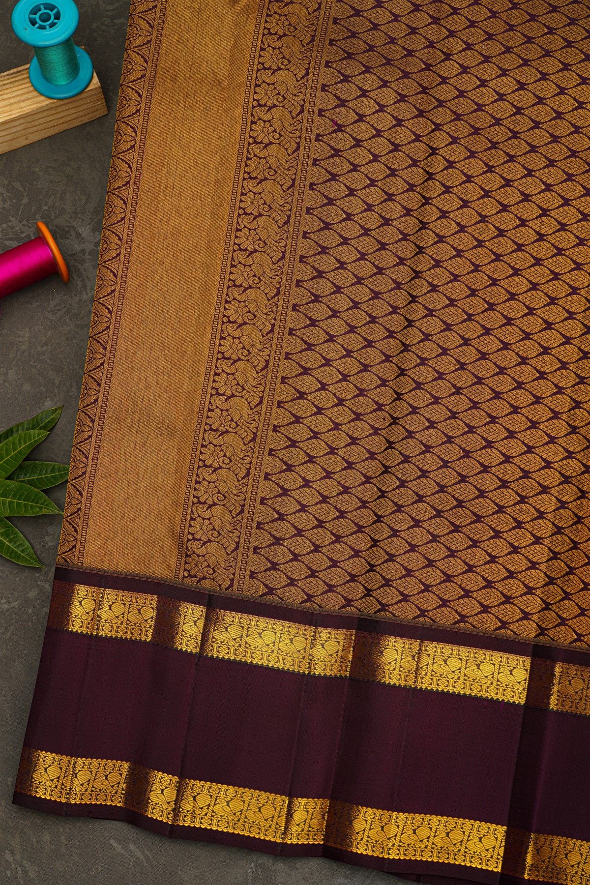 Kancheepuram Silk Sky Blue Saree With Zari Checks And Floral Buttis Body And Gap Border