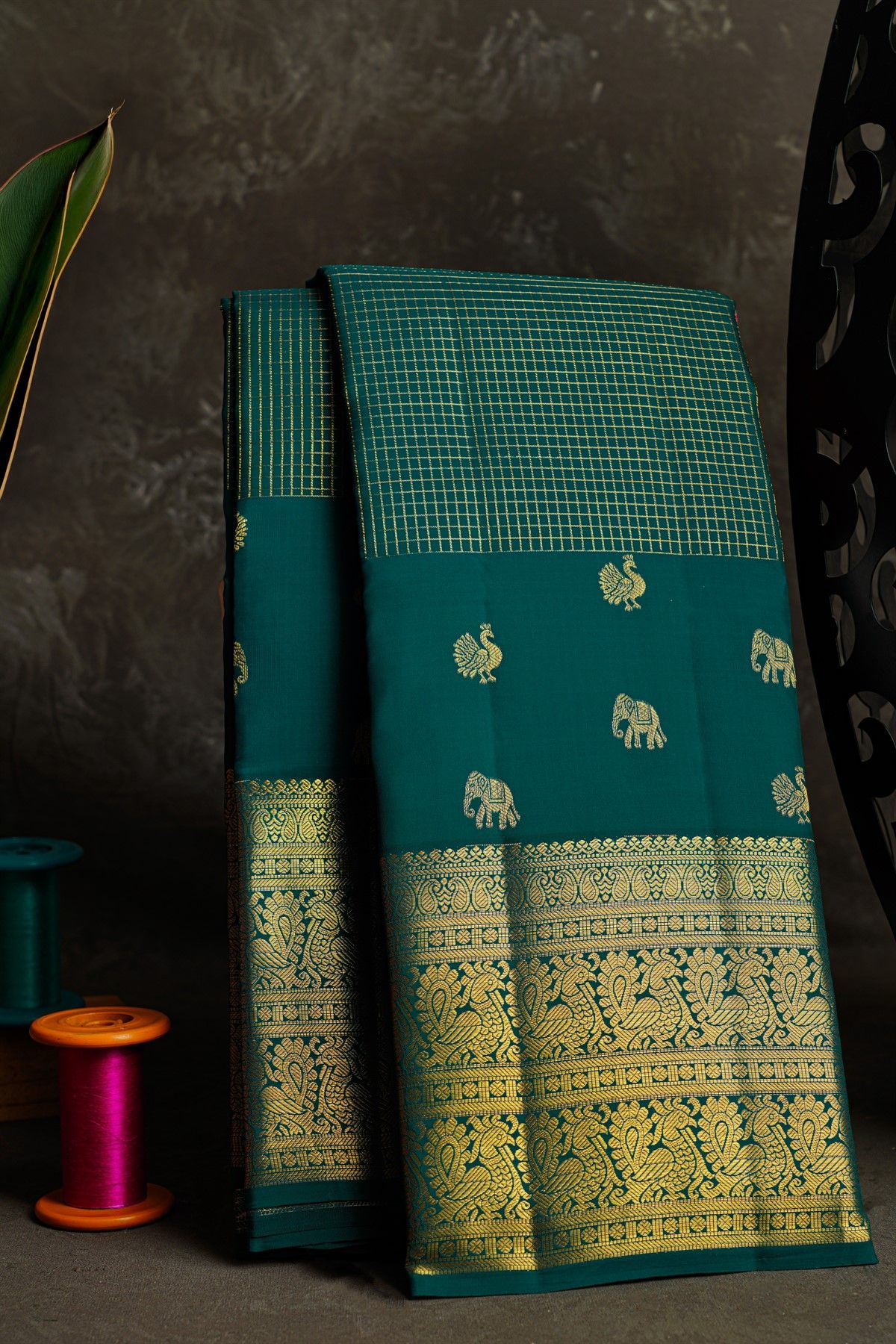 Kancheepuram Silk Peacock Green Saree With Paisley And Peacocks Border