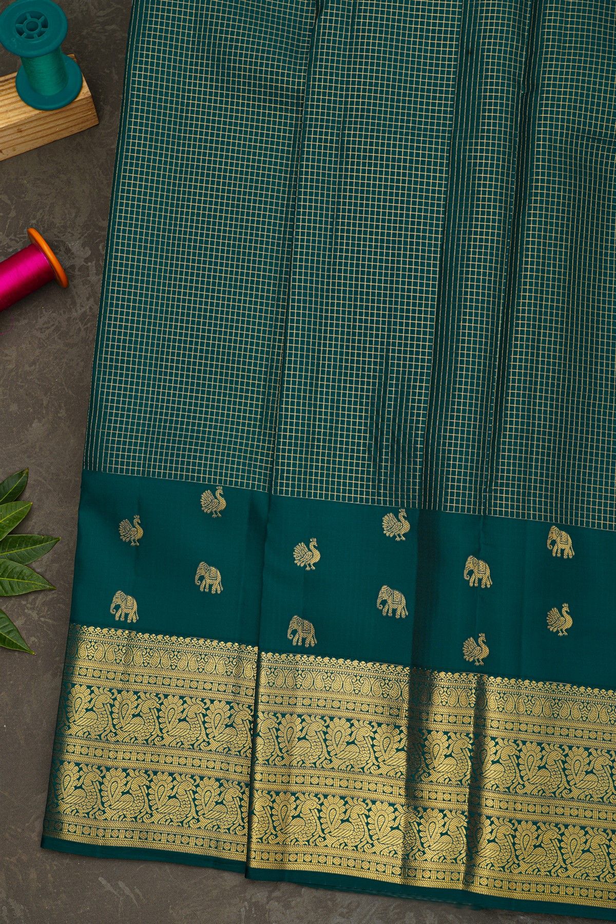 Kancheepuram Silk Peacock Green Saree With Paisley And Peacocks Border