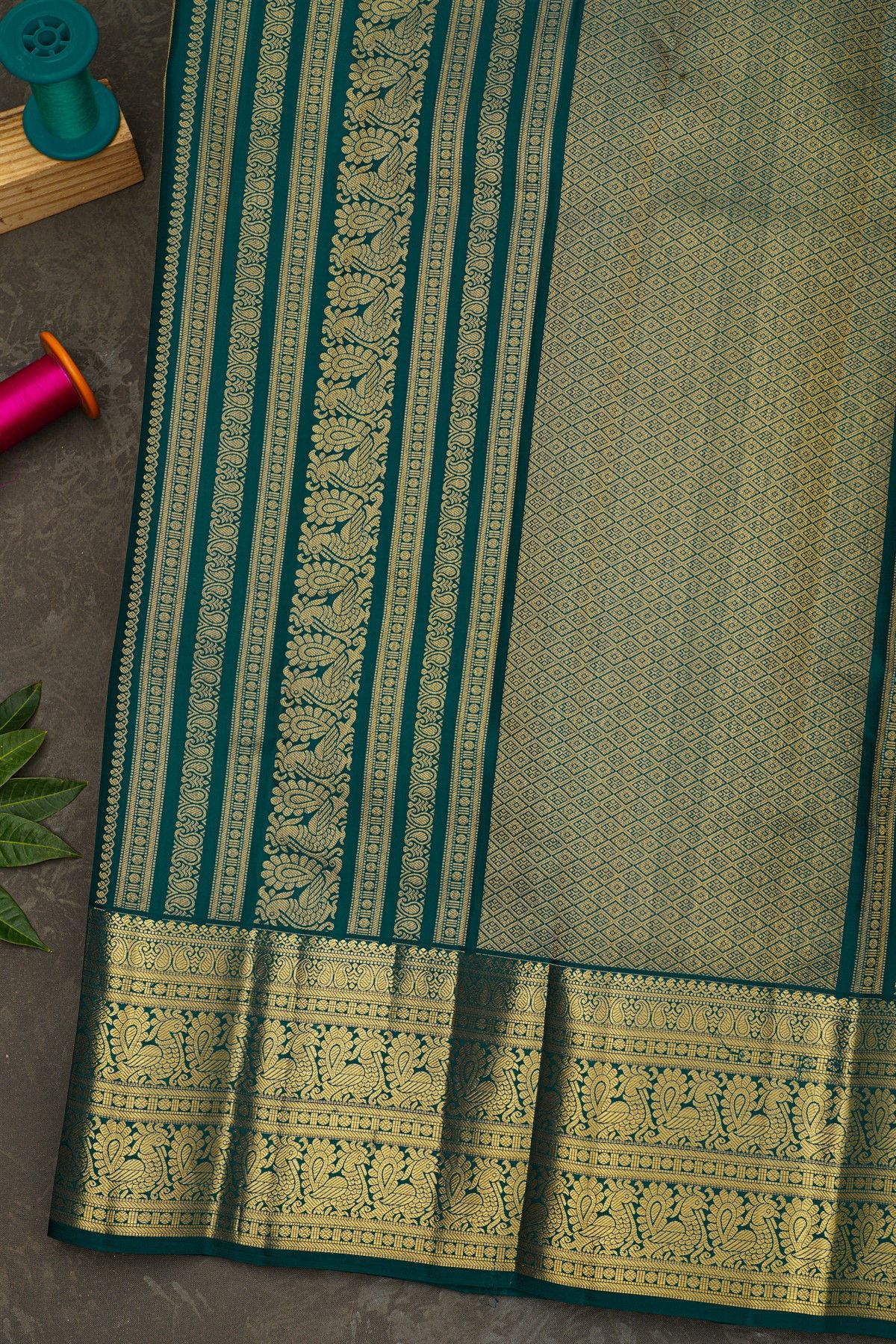 Kancheepuram Silk Peacock Green Saree With Paisley And Peacocks Border