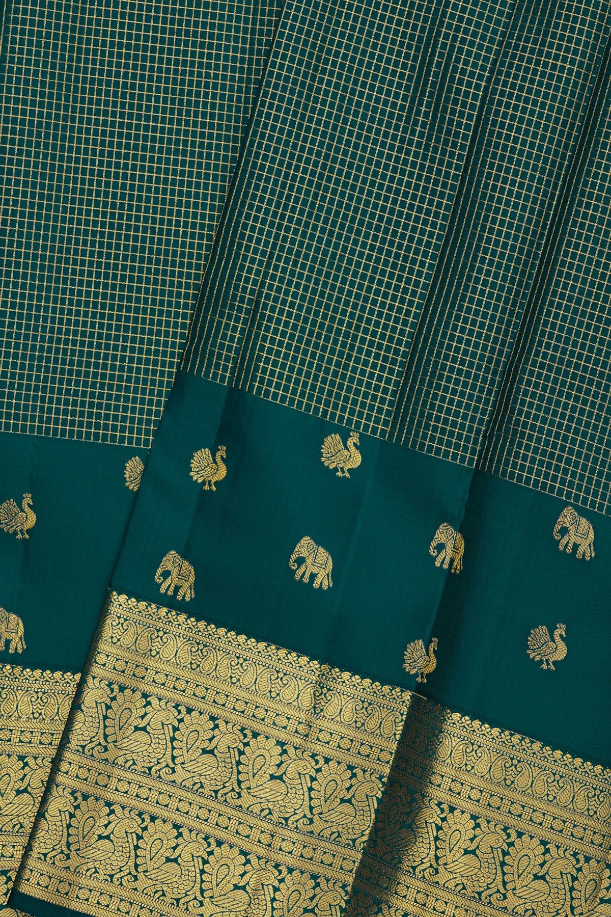 Kancheepuram Silk Peacock Green Saree With Paisley And Peacocks Border