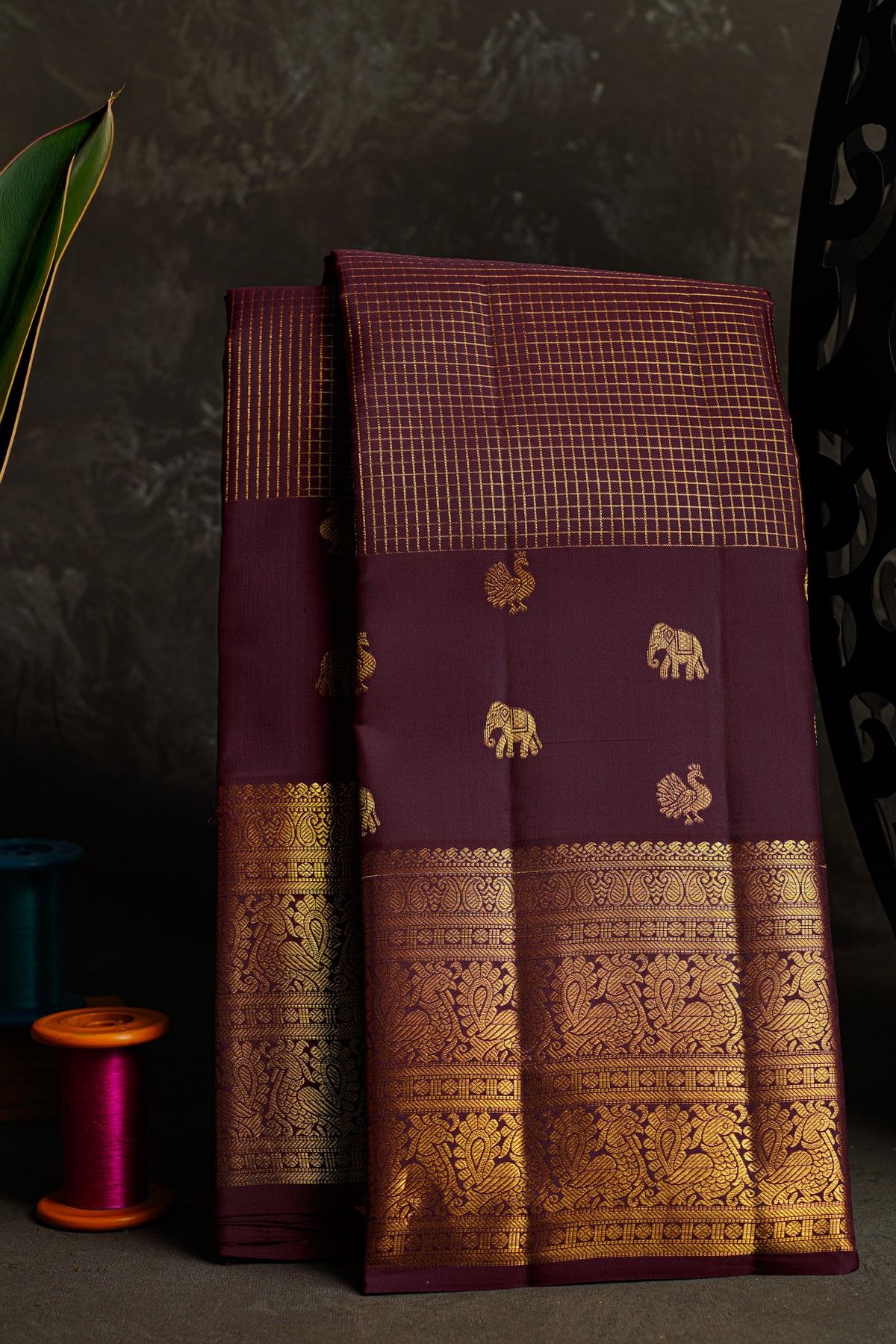Kancheepuram Silk Dark Wine Saree With Paisley And Peacocks Border
