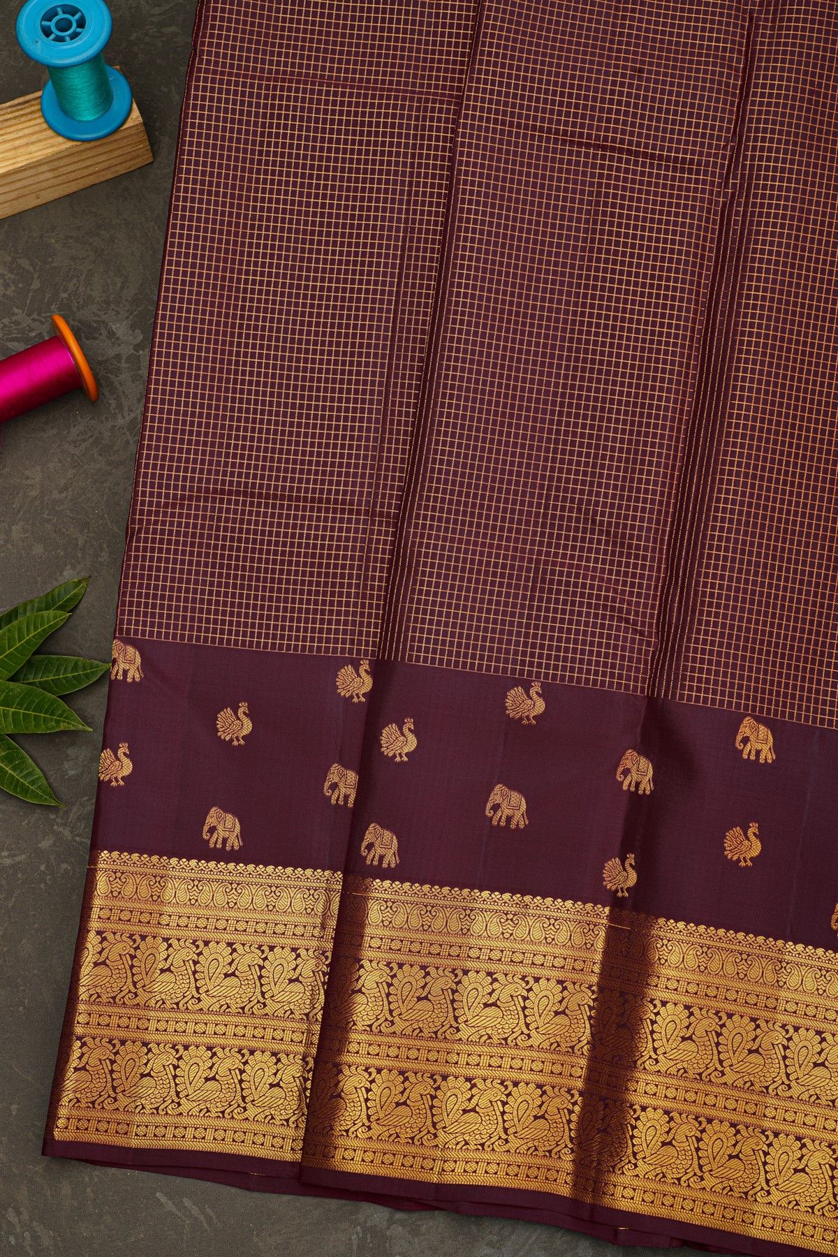 Kancheepuram Silk Dark Wine Saree With Paisley And Peacocks Border