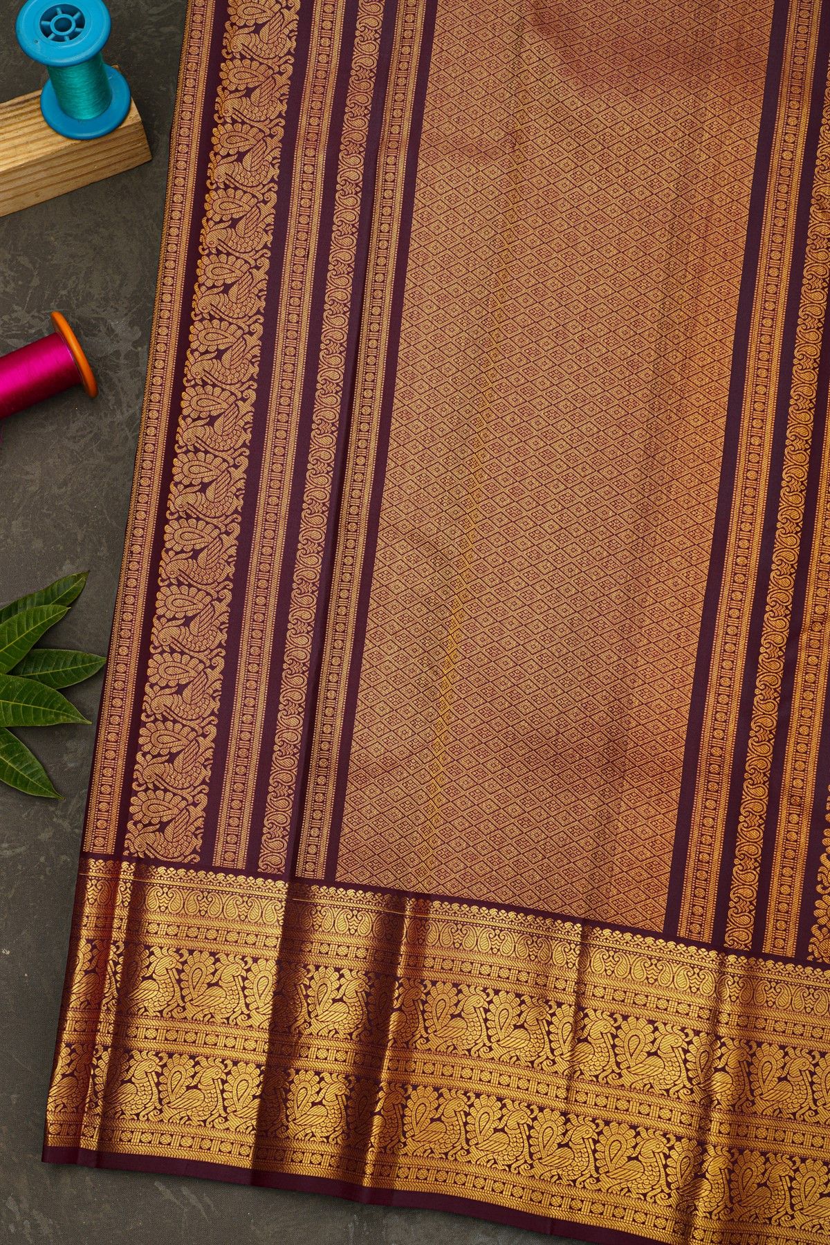 Kancheepuram Silk Dark Wine Saree With Paisley And Peacocks Border