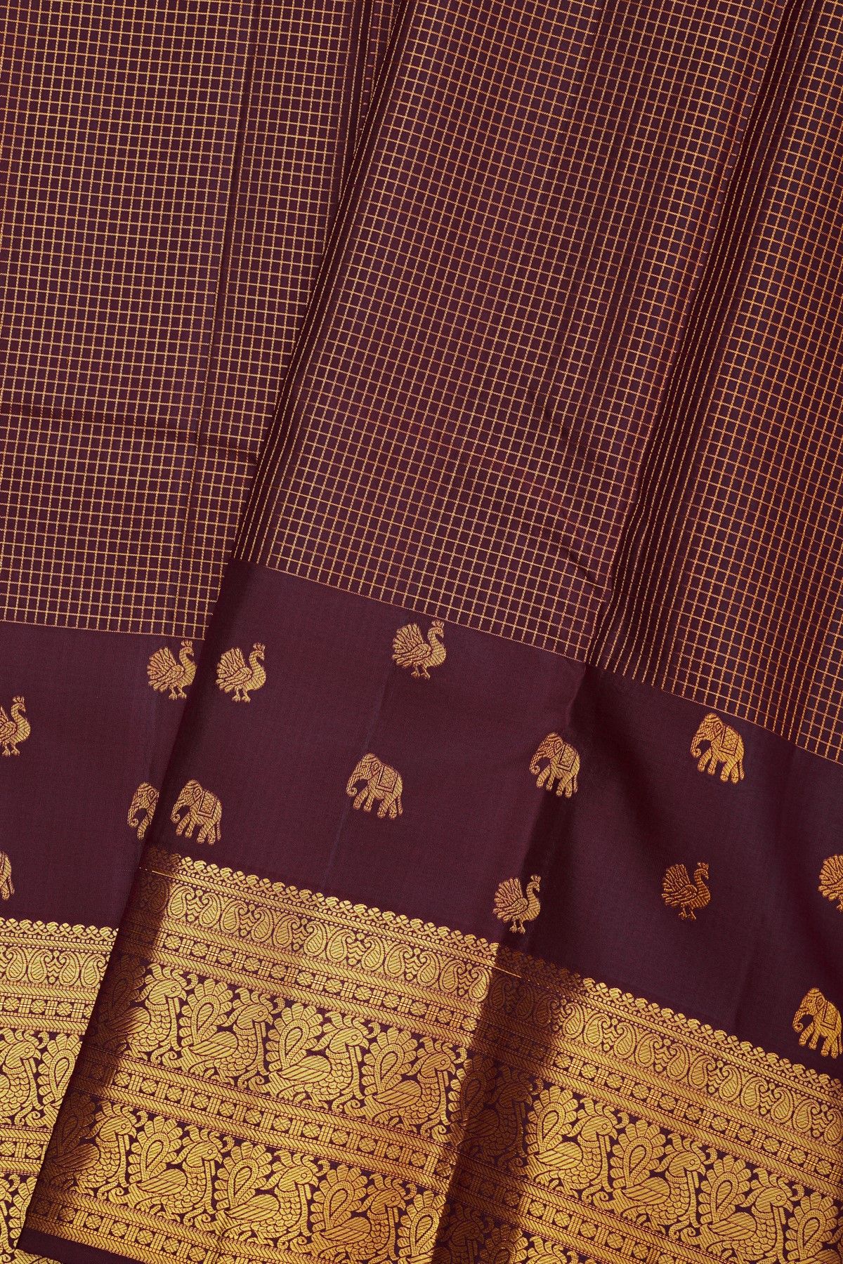 Kancheepuram Silk Dark Wine Saree With Paisley And Peacocks Border