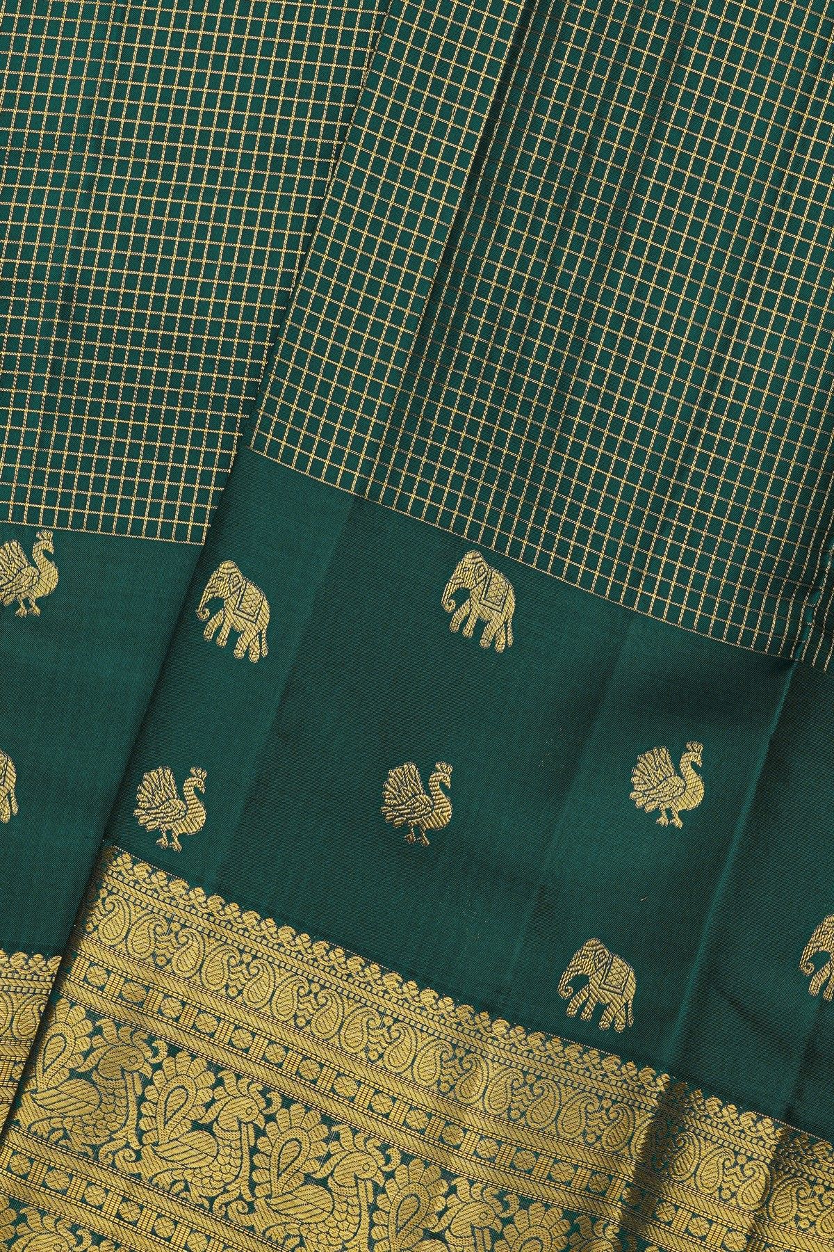 Kancheepuram Silk Bottle Green Saree With Zari Lines And Peacocks Border