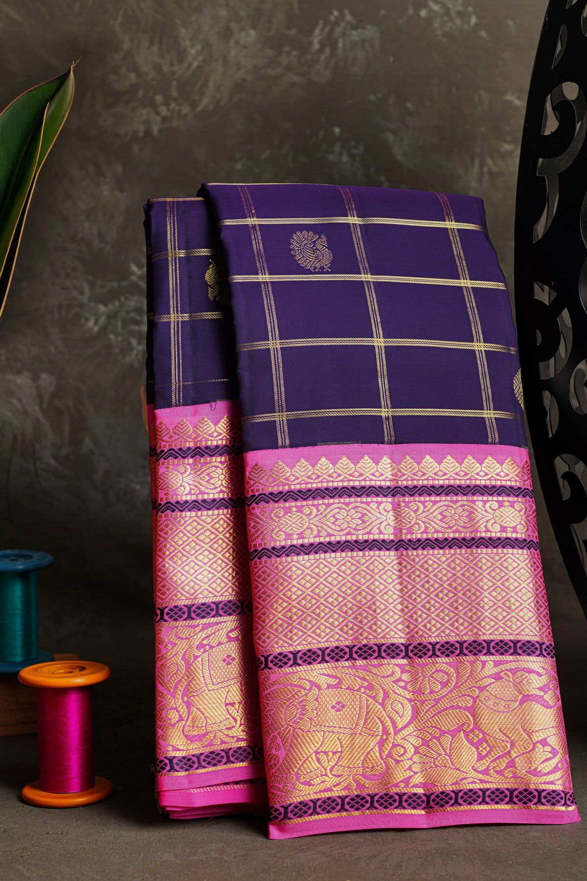 Kancheepuram Silk Purple Saree With Zari Checks And Peacocks Body