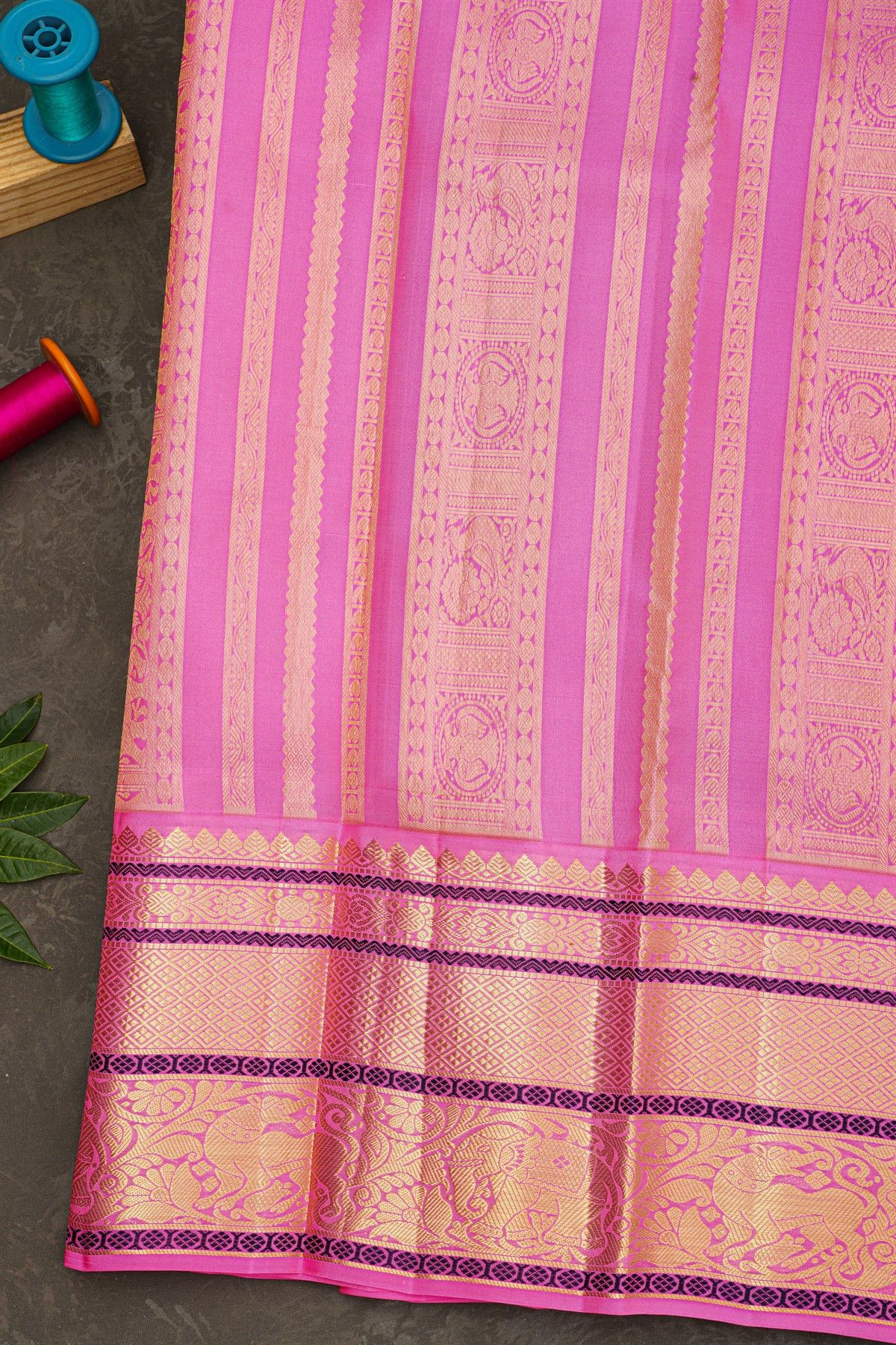 Kancheepuram Silk Purple Saree With Zari Checks And Peacocks Body