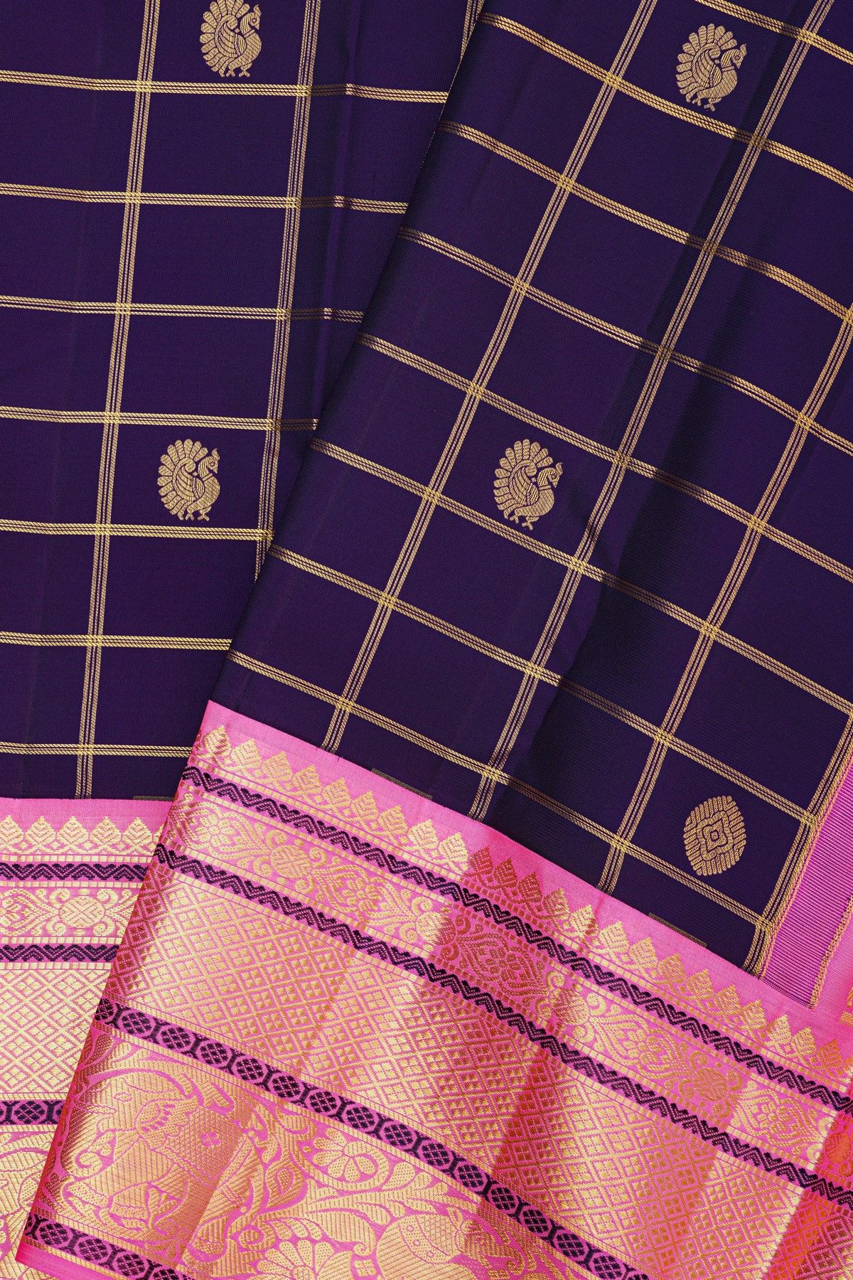 Kancheepuram Silk Purple Saree With Zari Checks And Peacocks Body
