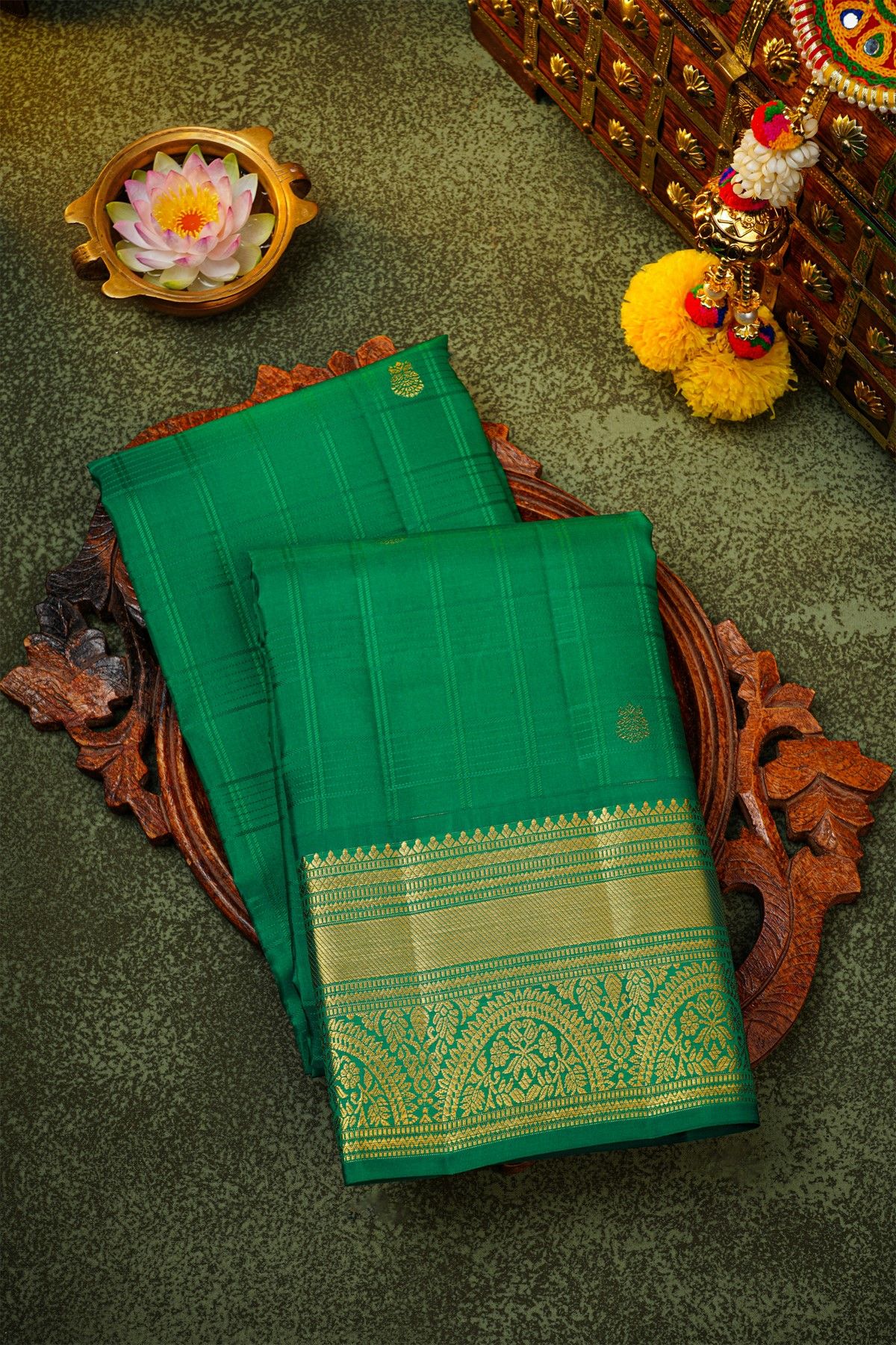 Kancheepuram Silk Green Saree With Zari Checks And Gandaberunda Buttis Body