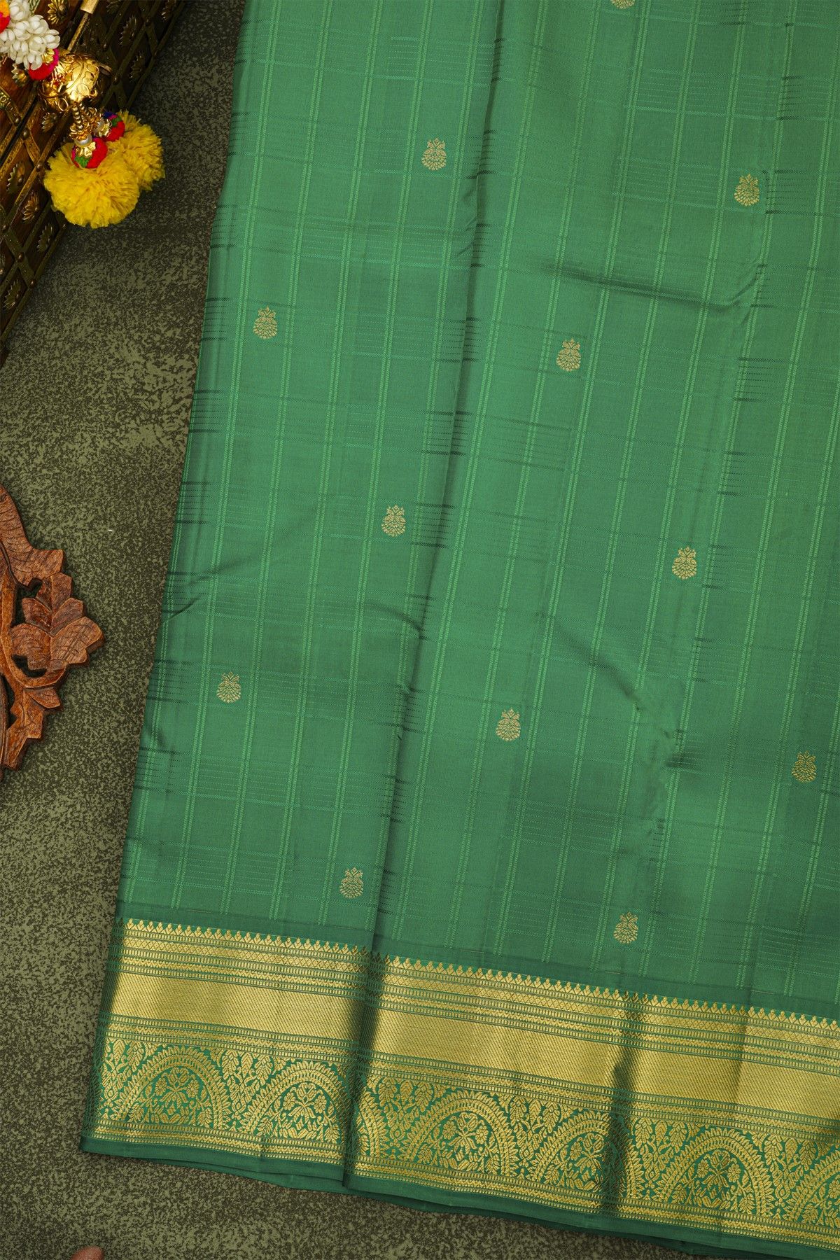 Kancheepuram Silk Green Saree With Zari Checks And Gandaberunda Buttis Body