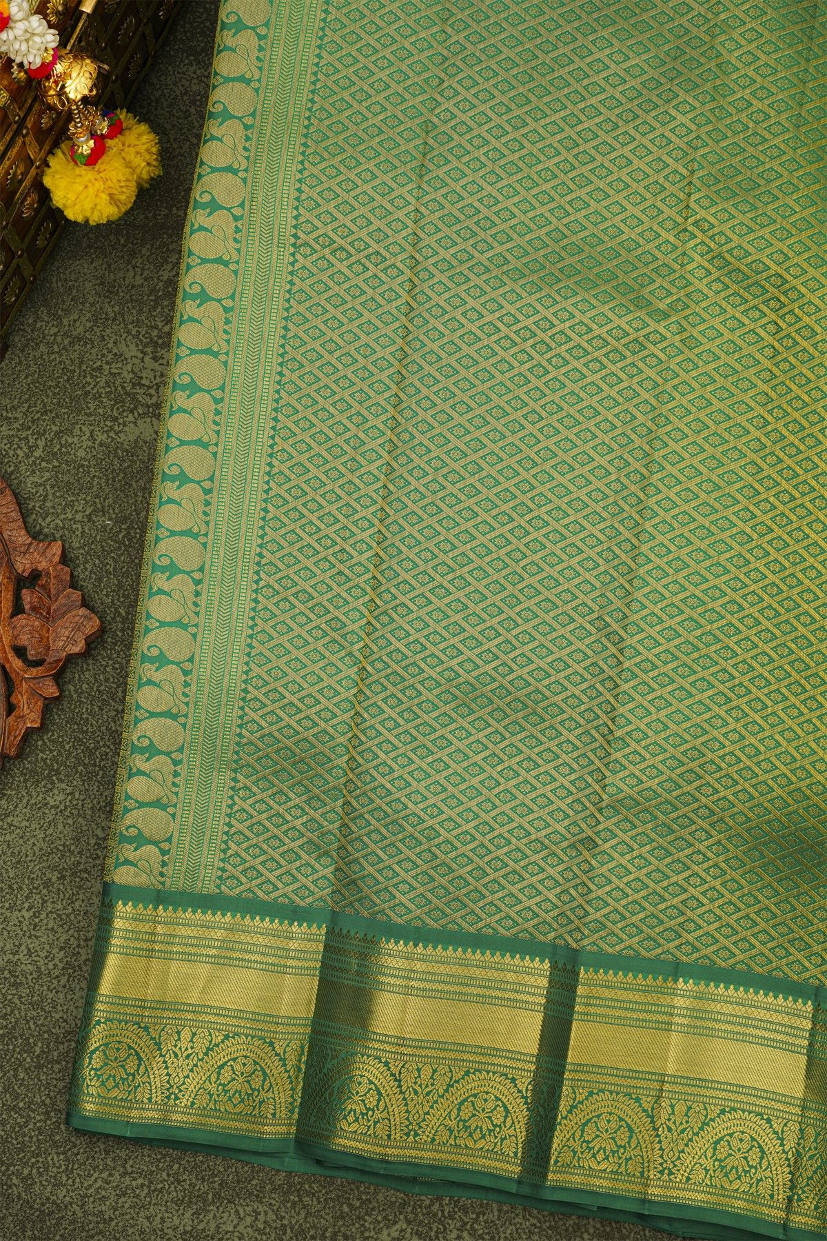 Kancheepuram Silk Green Saree With Zari Checks And Gandaberunda Buttis Body