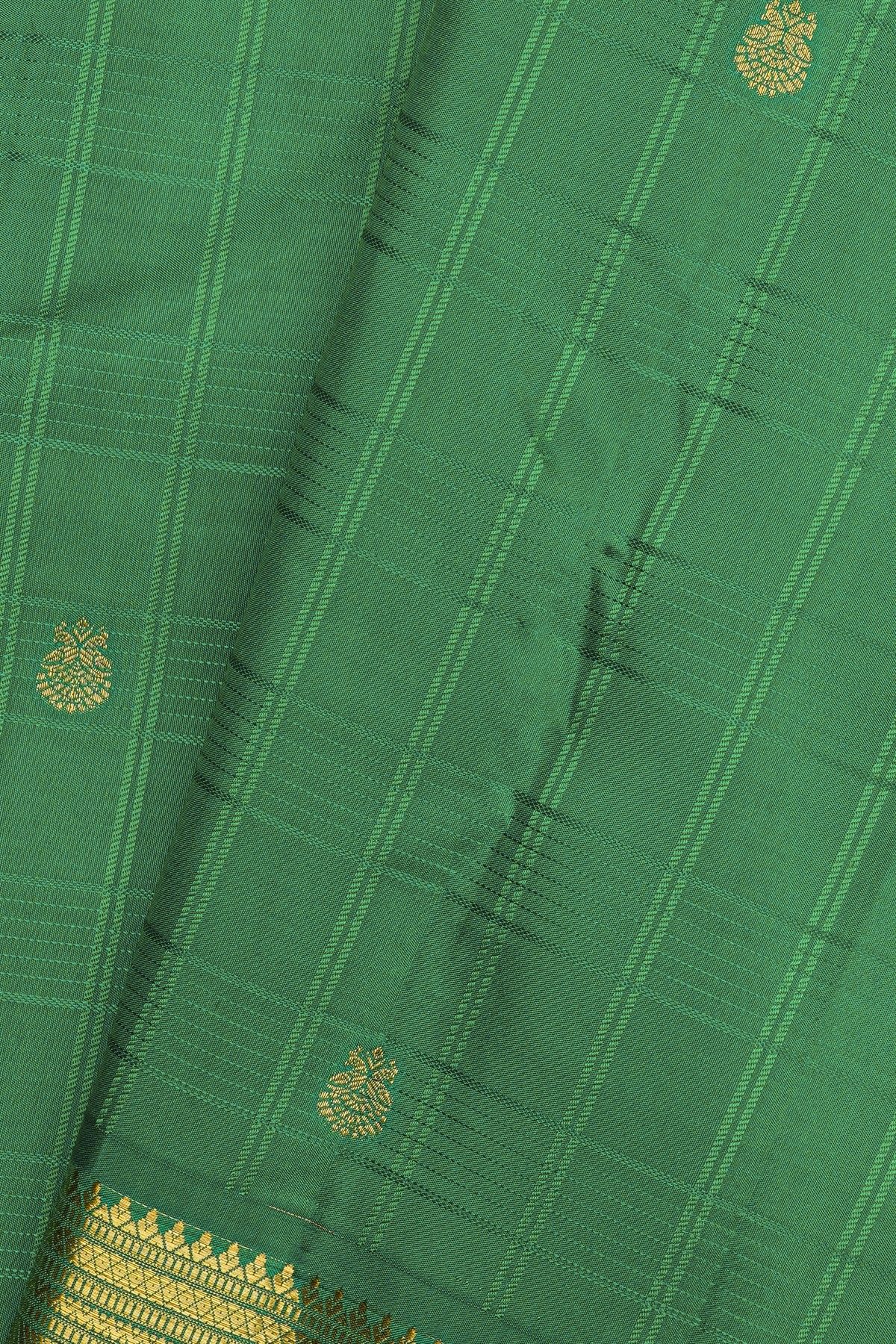 Kancheepuram Silk Green Saree With Zari Checks And Gandaberunda Buttis Body