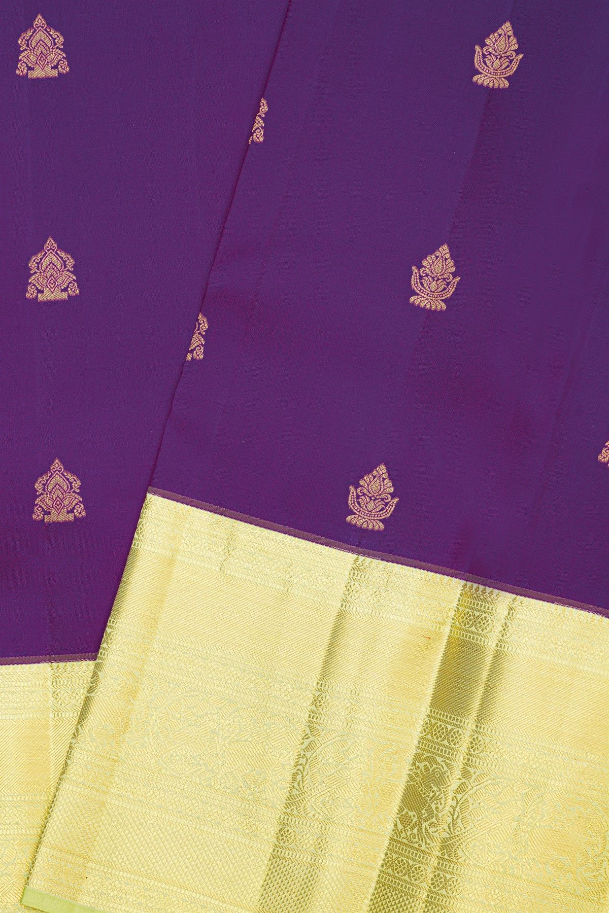 Kancheepuram Silk Purple Saree With Florals And Buttis Body And Pastel Colour Border