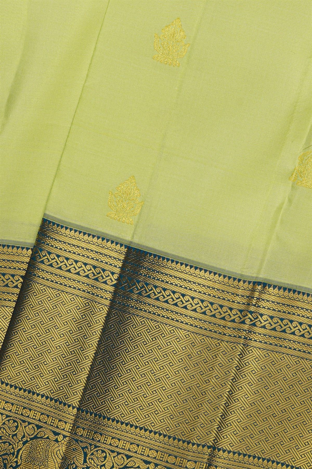 Kancheepuram Silk Lime Green Saree With Floral Leaf And Pichwai Border