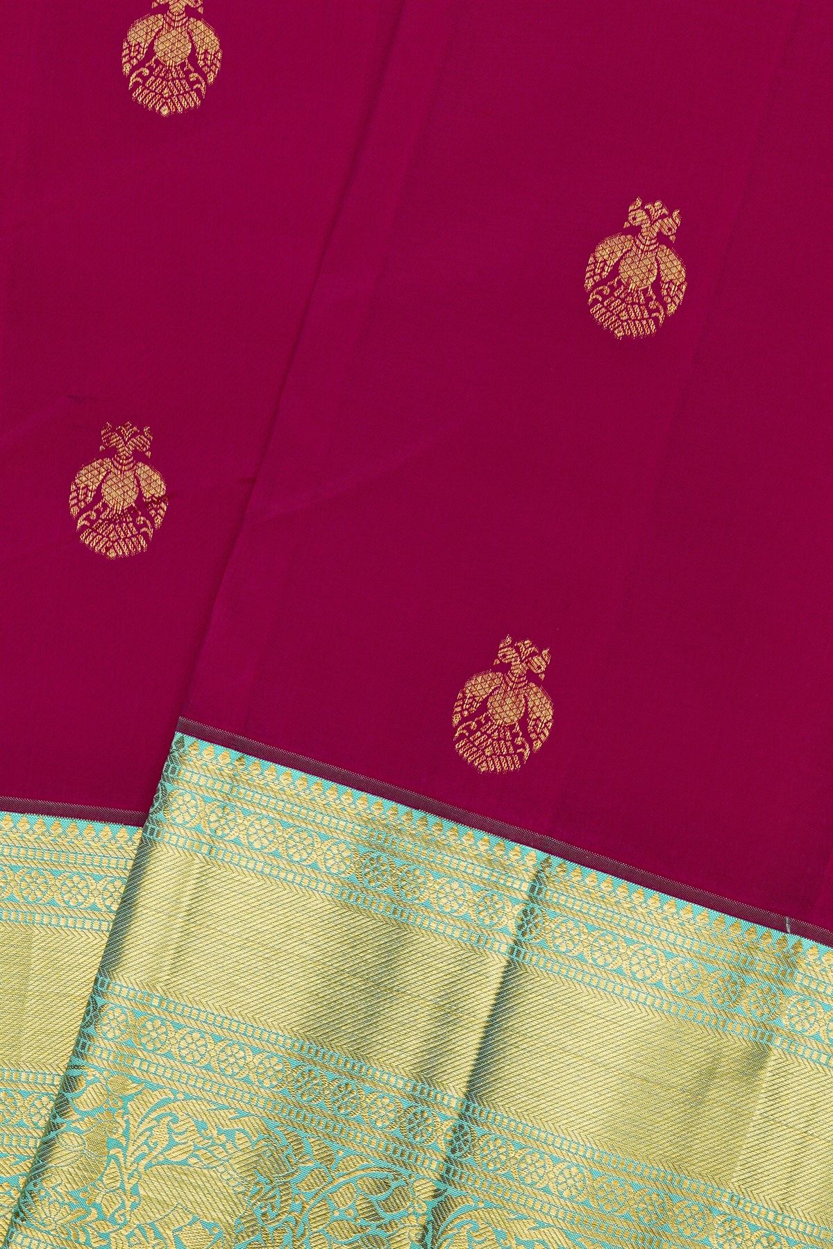 Kancheepuram Silk Rani Pink Saree With Gandaberunda Buttis Body
