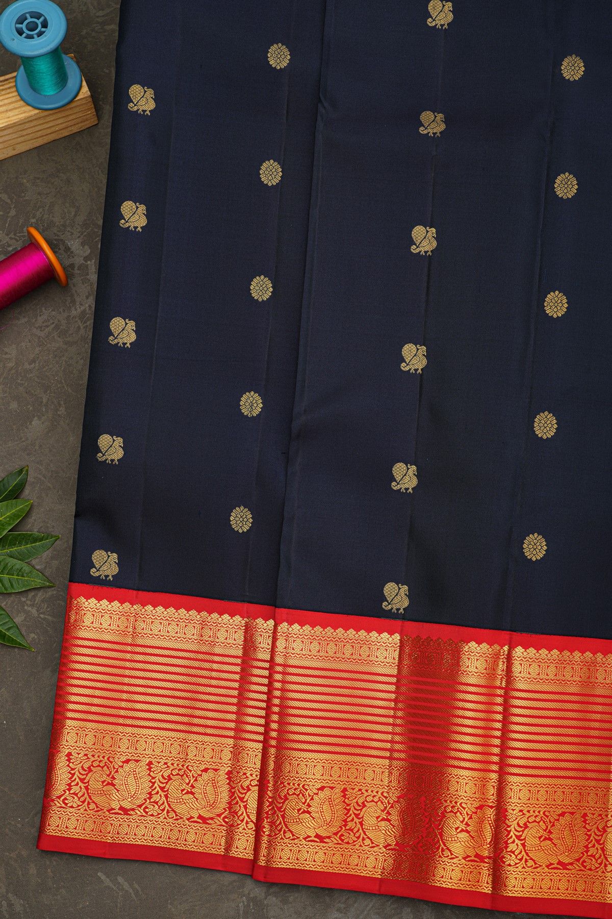 Kancheepuram Silk Midnight Blue Saree With Peacock And Gandaberunda Buttis Body