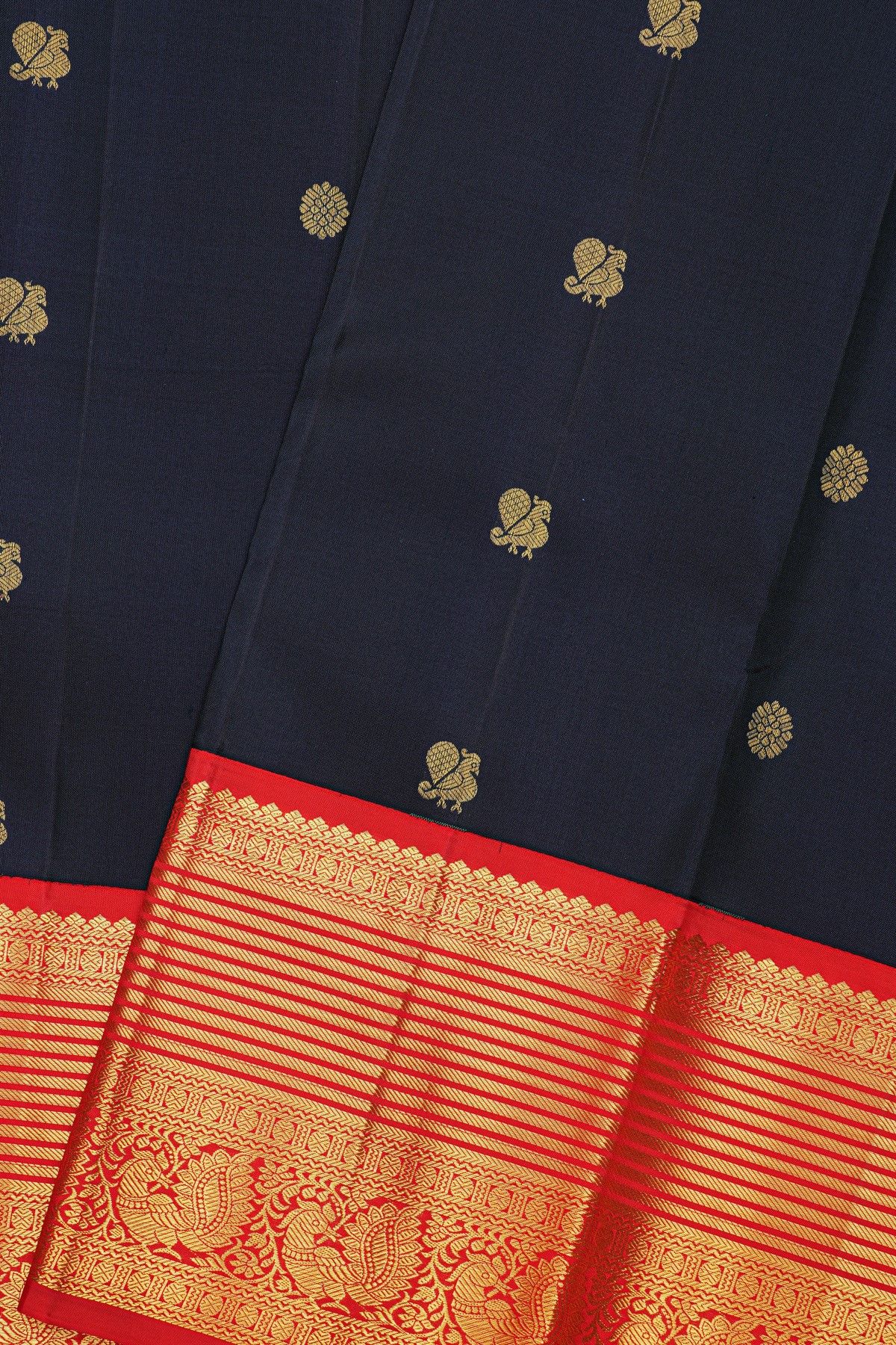 Kancheepuram Silk Midnight Blue Saree With Peacock And Gandaberunda Buttis Body
