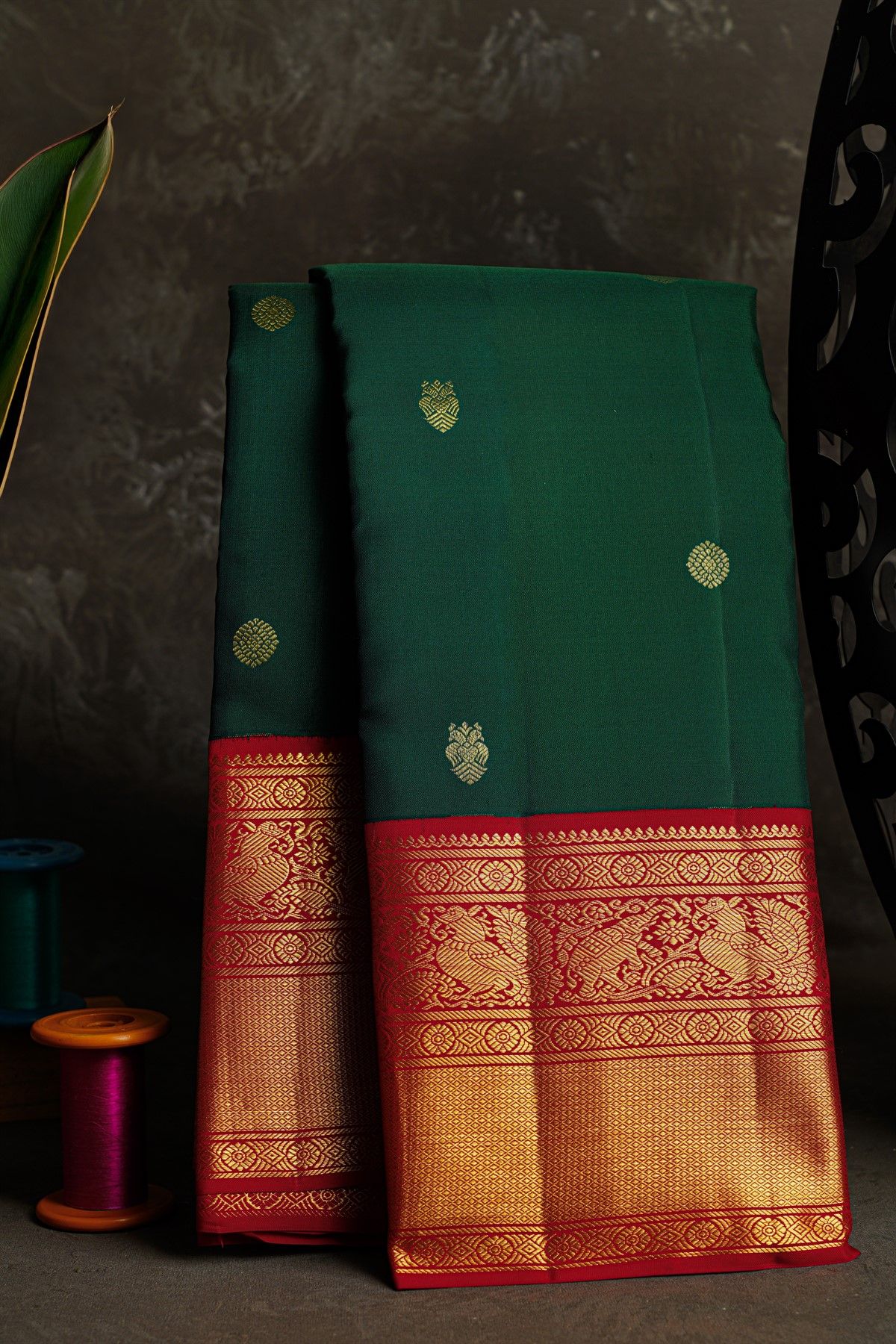Kancheepuram Silk Bottle Green Saree With Gandaberunda And Rudraksha Buttis Body