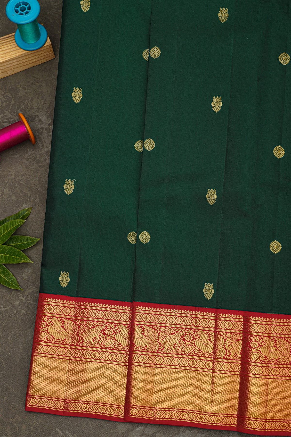 Kancheepuram Silk Bottle Green Saree With Gandaberunda And Rudraksha Buttis Body