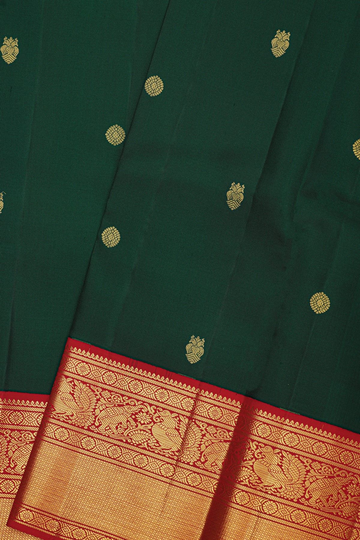 Kancheepuram Silk Bottle Green Saree With Gandaberunda And Rudraksha Buttis Body