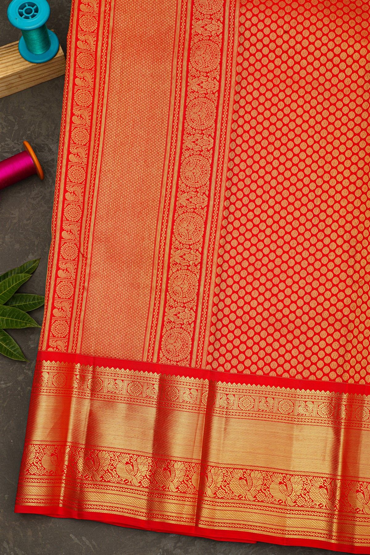 Kancheepuram Silk Sky Blue Saree With Rudraksha Buttis Body And Traditional Border