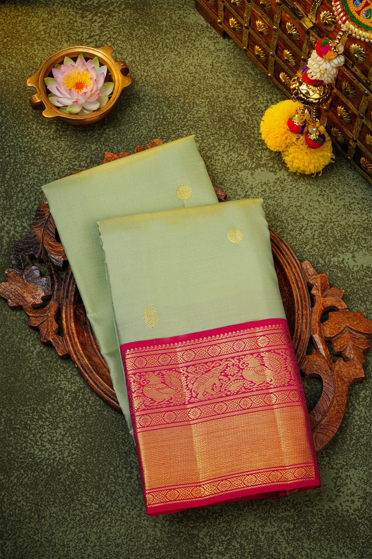 Kancheepuram Silk Pista Green Saree With Florals And Gandaberunda Buttis Body