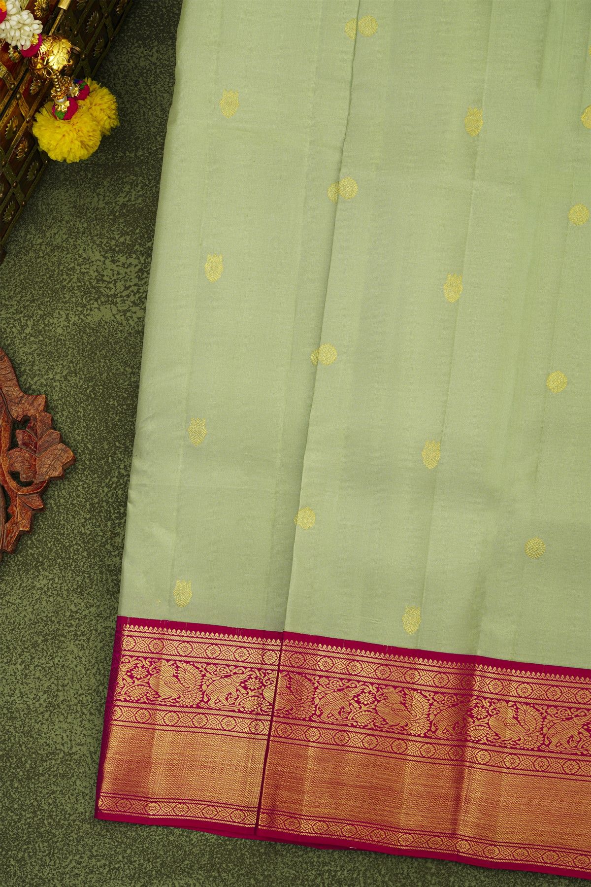Kancheepuram Silk Pista Green Saree With Florals And Gandaberunda Buttis Body