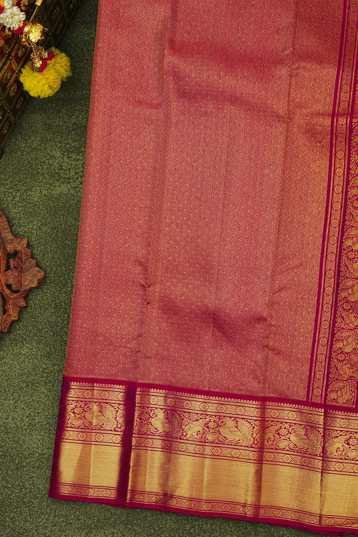 Kancheepuram Silk Pista Green Saree With Florals And Gandaberunda Buttis Body