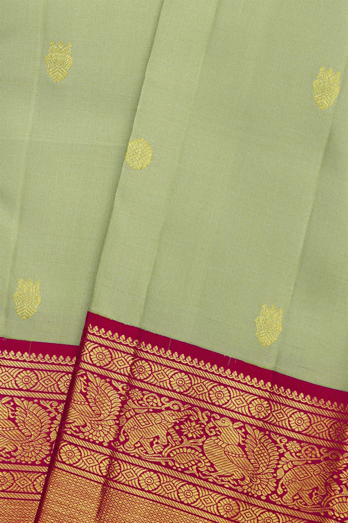 Kancheepuram Silk Pista Green Saree With Florals And Gandaberunda Buttis Body