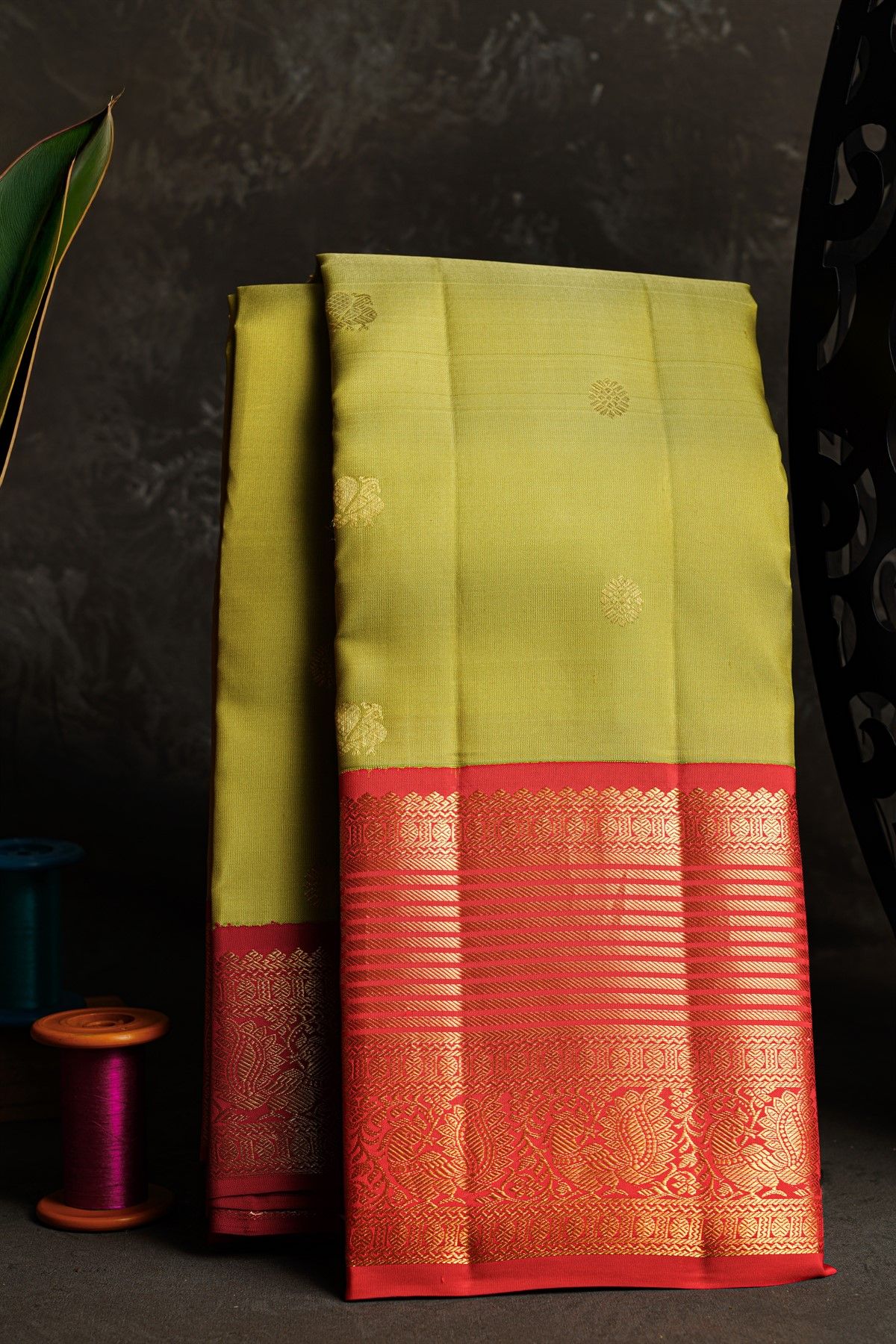 Kancheepuram Silk Lime Green Saree With Peacocks And Florals Buttis Body